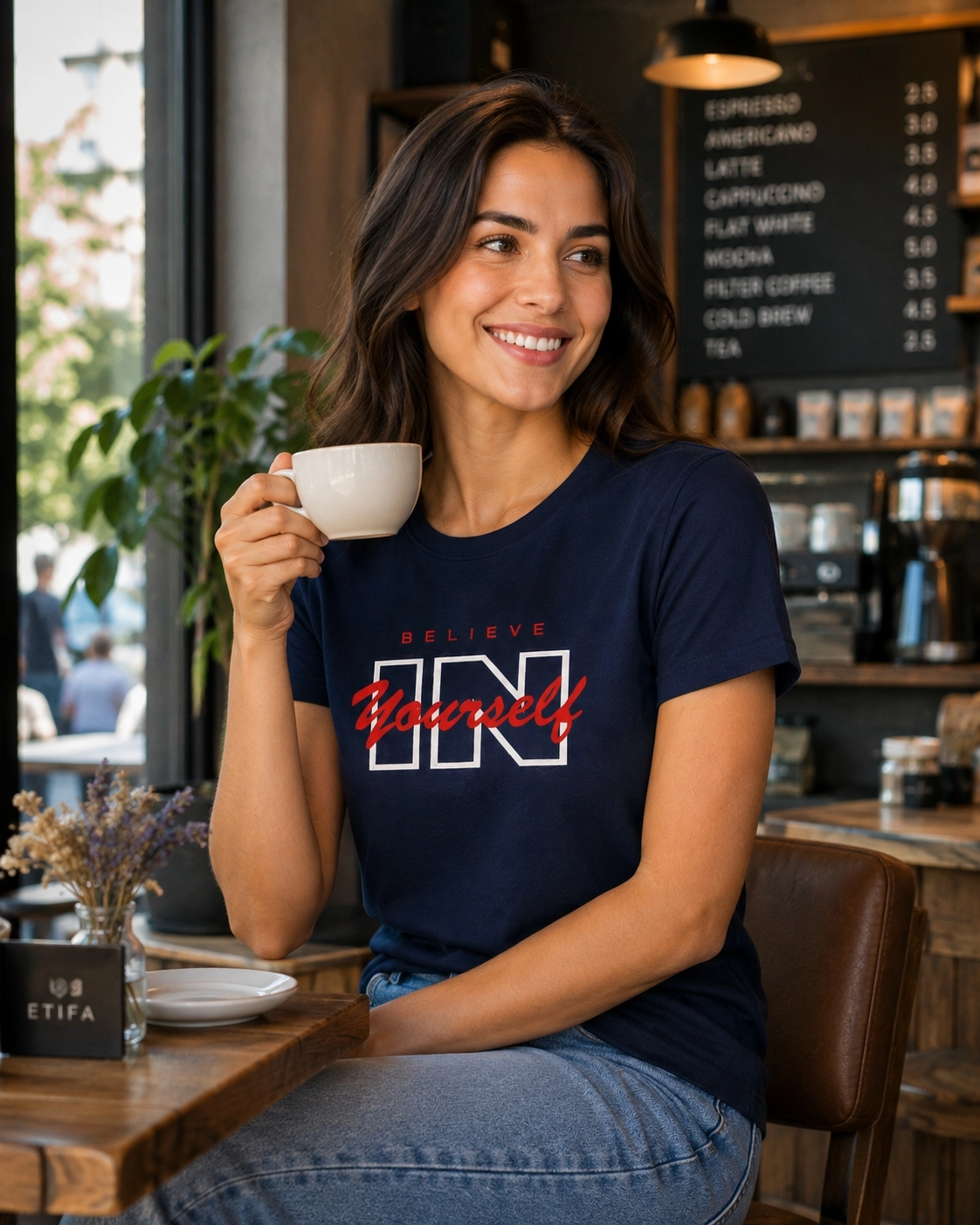 Etifa Believe In Yourself Premium Unisex Tişört %100 Pamuk Modern Lacivert Tişört