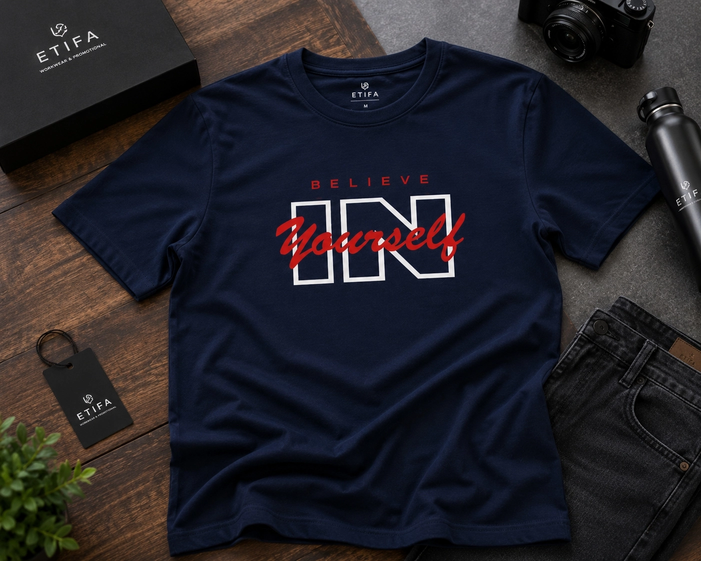Etifa Believe In Yourself Premium Unisex Tişört %100 Pamuk Modern Lacivert Tişört