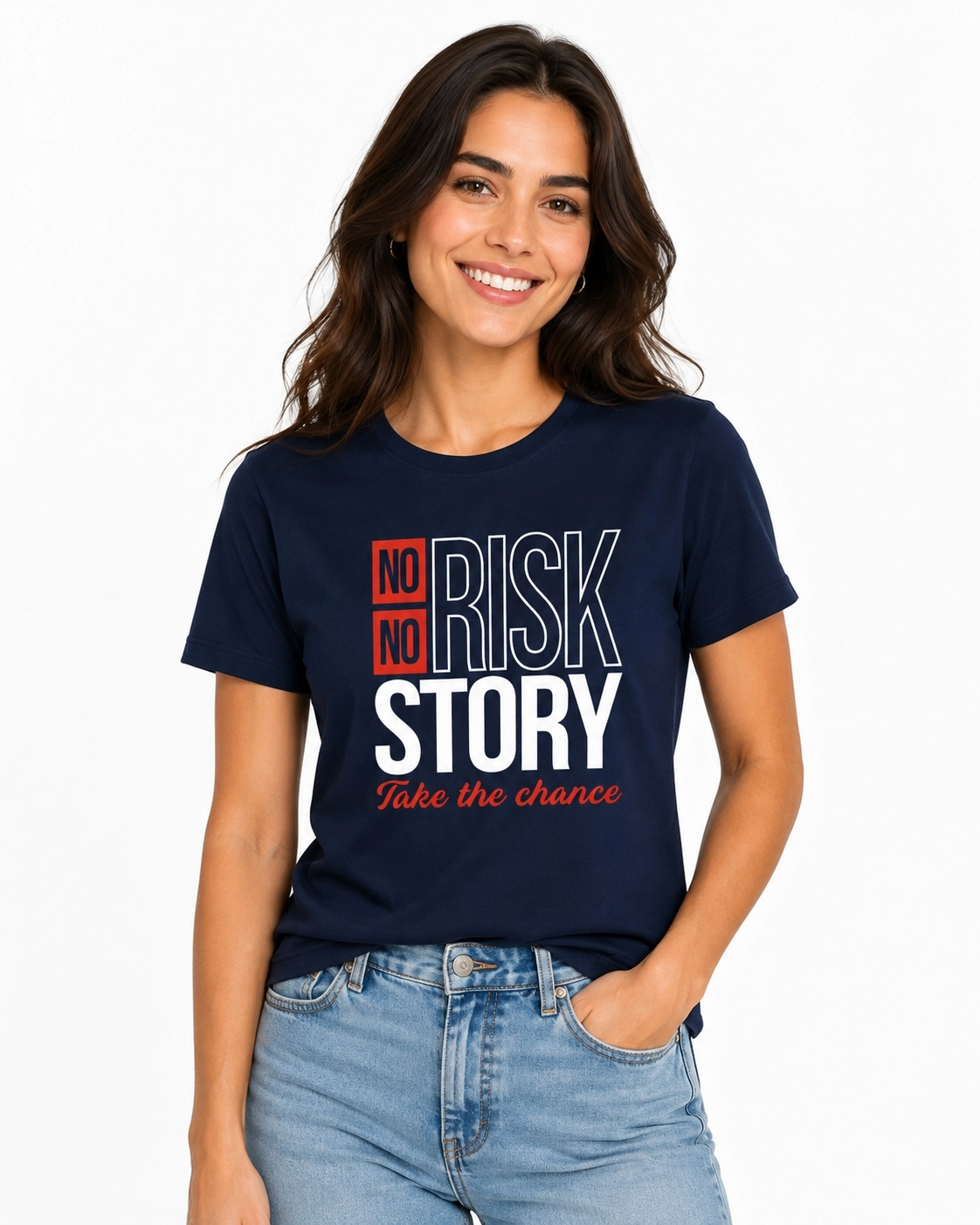 Etifa No Risk No Story Premium Unisex Tişört %100 Pamuk Modern Lacivert Tişört