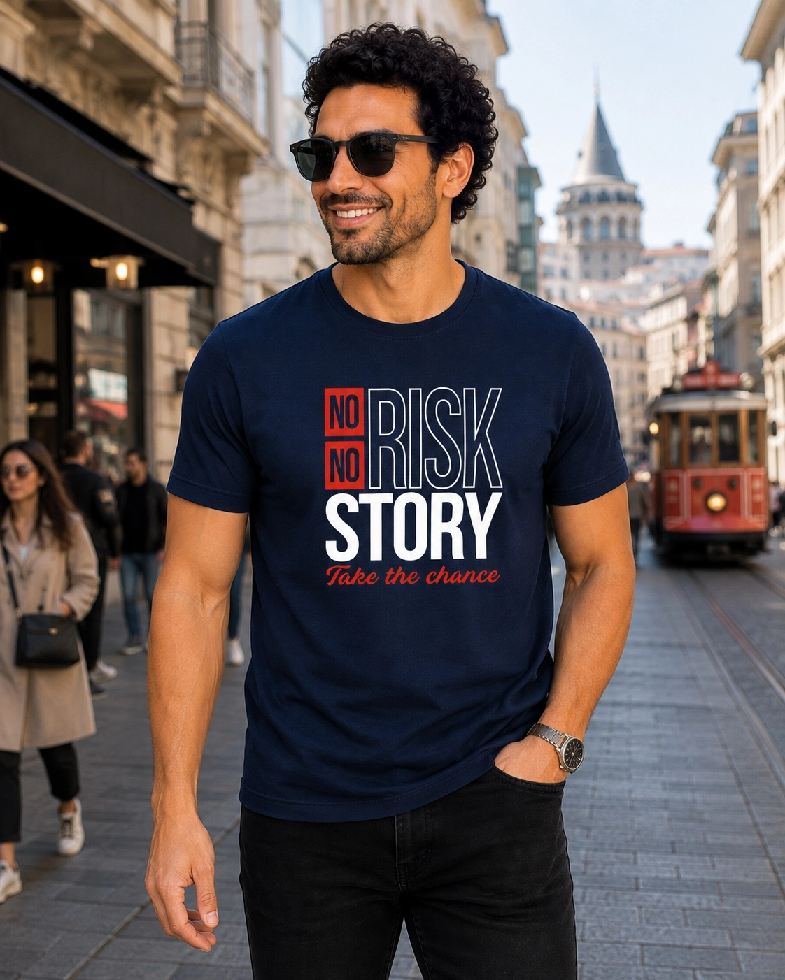 Etifa No Risk No Story Premium Unisex Tişört %100 Pamuk Modern Lacivert Tişört