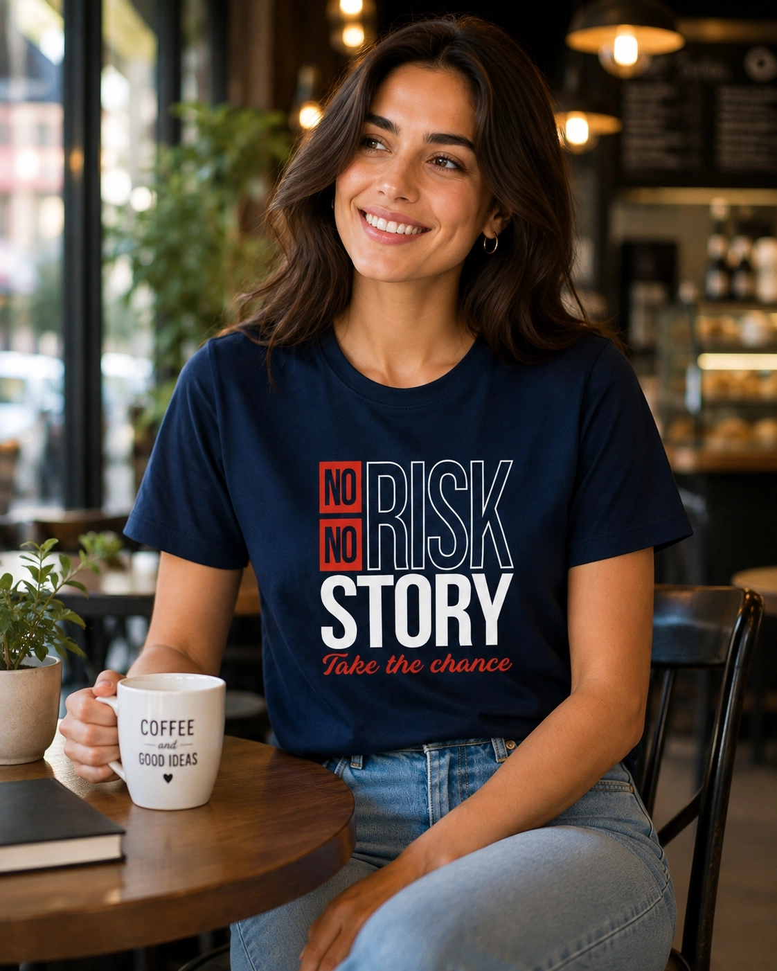 Etifa No Risk No Story Premium Unisex Tişört %100 Pamuk Modern Lacivert Tişört