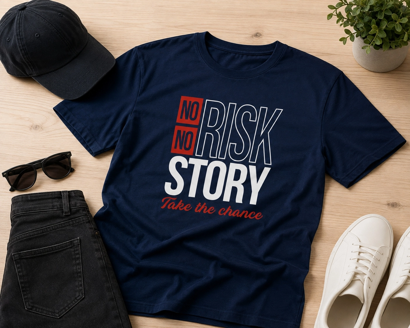 Etifa No Risk No Story Premium Unisex Tişört %100 Pamuk Modern Lacivert Tişört