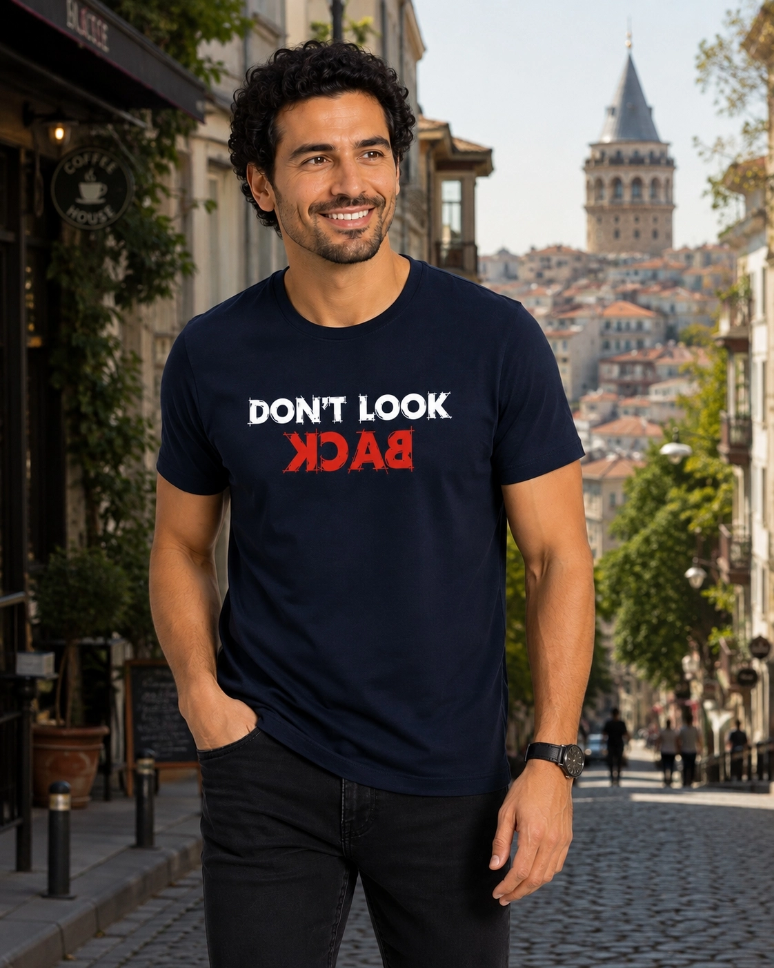 Etifa Don’t Look Back Premium Unisex Tişört %100 Pamuk Modern Lacivert Tişört