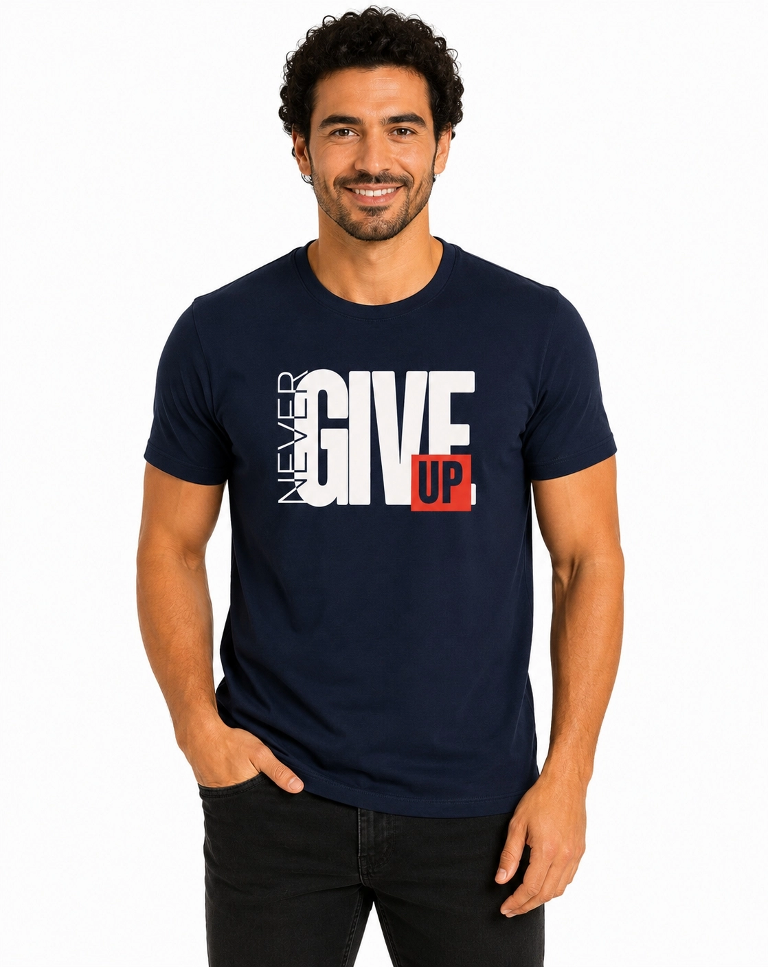 Etifa Never Give Up Premium Unisex Tişört %100 Pamuk Modern Lacivert Tişört