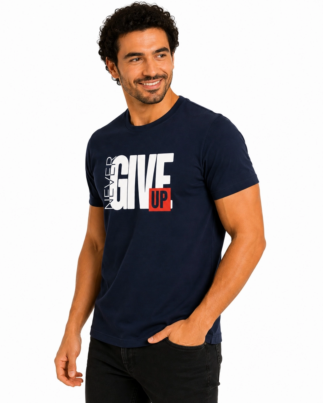 Etifa Never Give Up Premium Unisex Tişört %100 Pamuk Modern Lacivert Tişört
