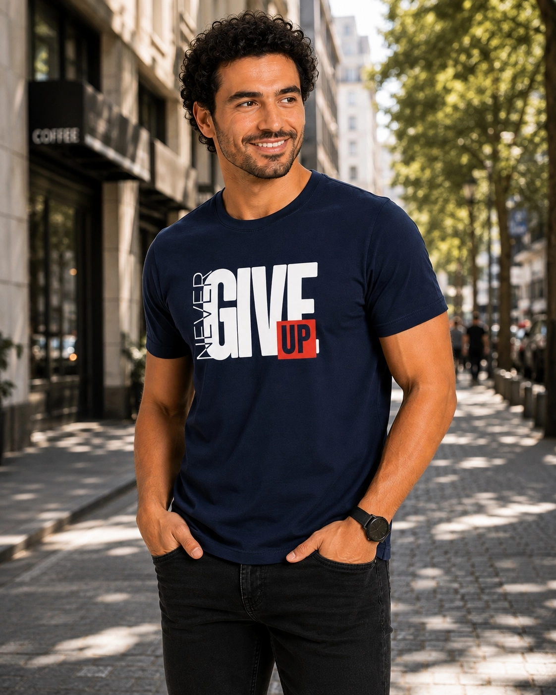 Etifa Never Give Up Premium Unisex Tişört %100 Pamuk Modern Lacivert Tişört