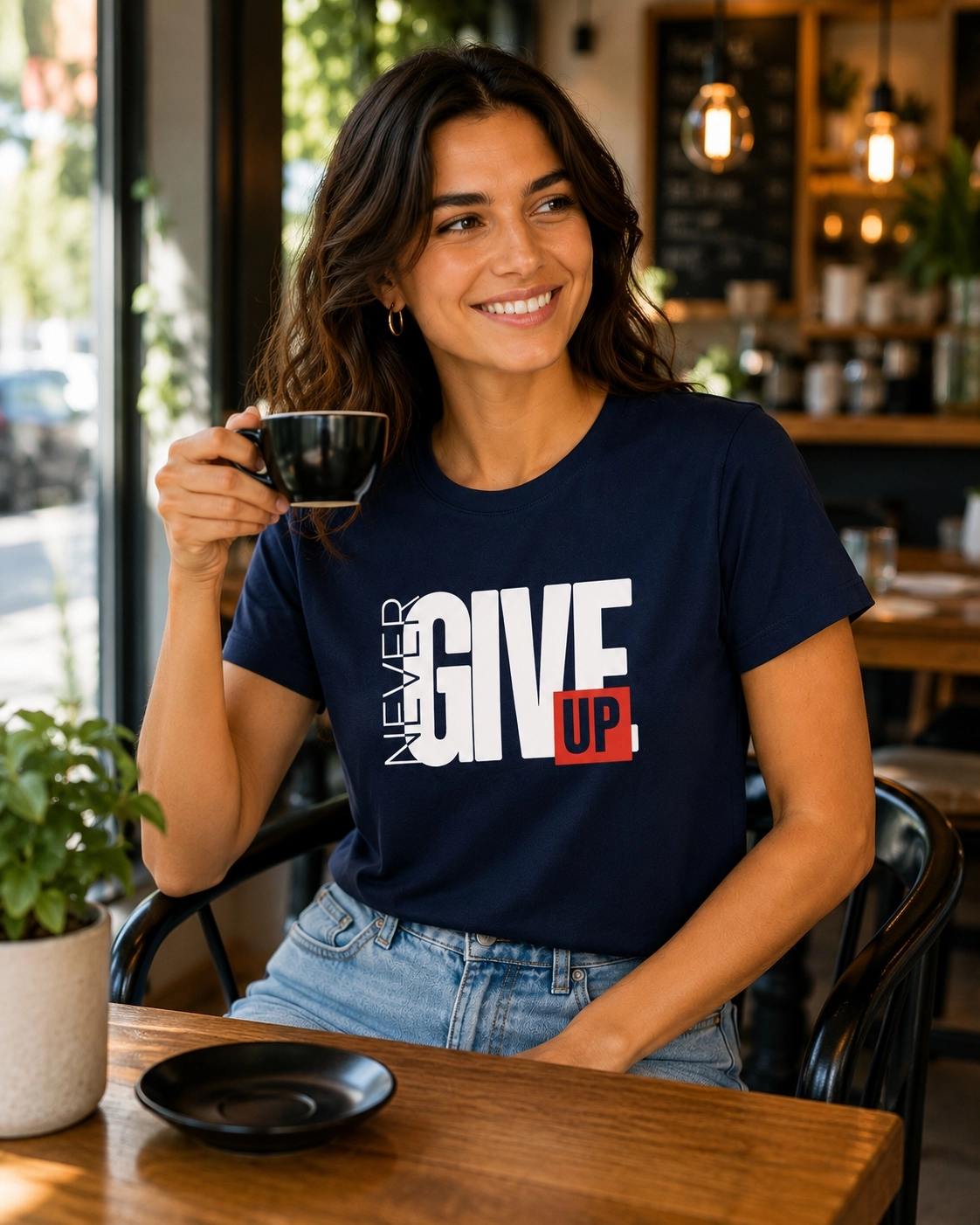 Etifa Never Give Up Premium Unisex Tişört %100 Pamuk Modern Lacivert Tişört