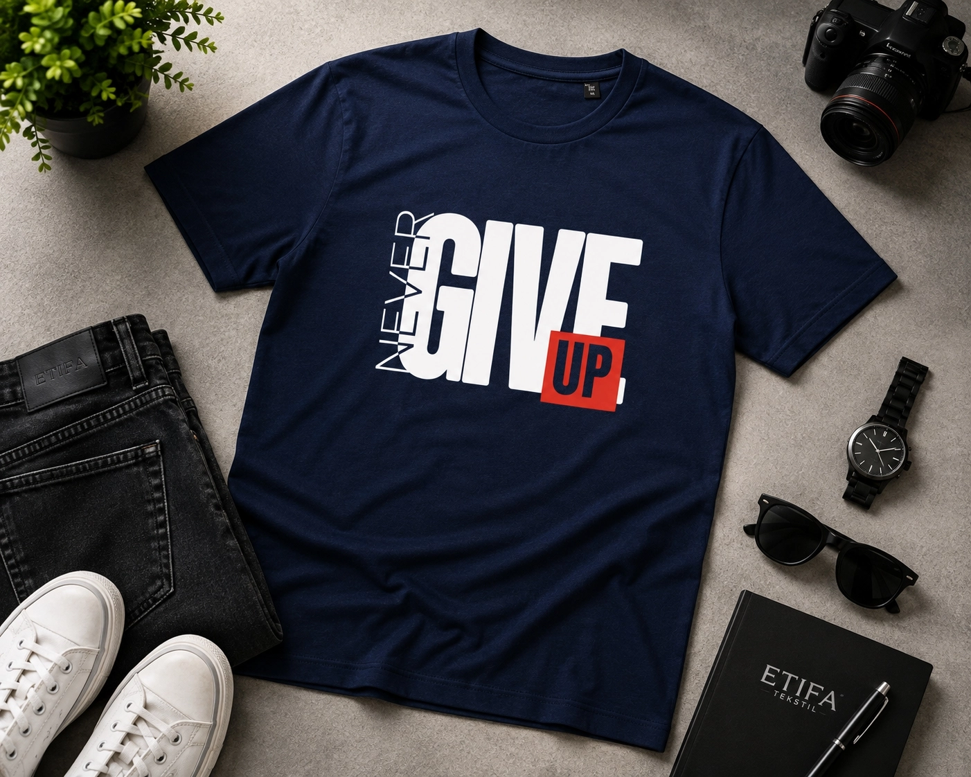 Etifa Never Give Up Premium Unisex Tişört %100 Pamuk Modern Lacivert Tişört