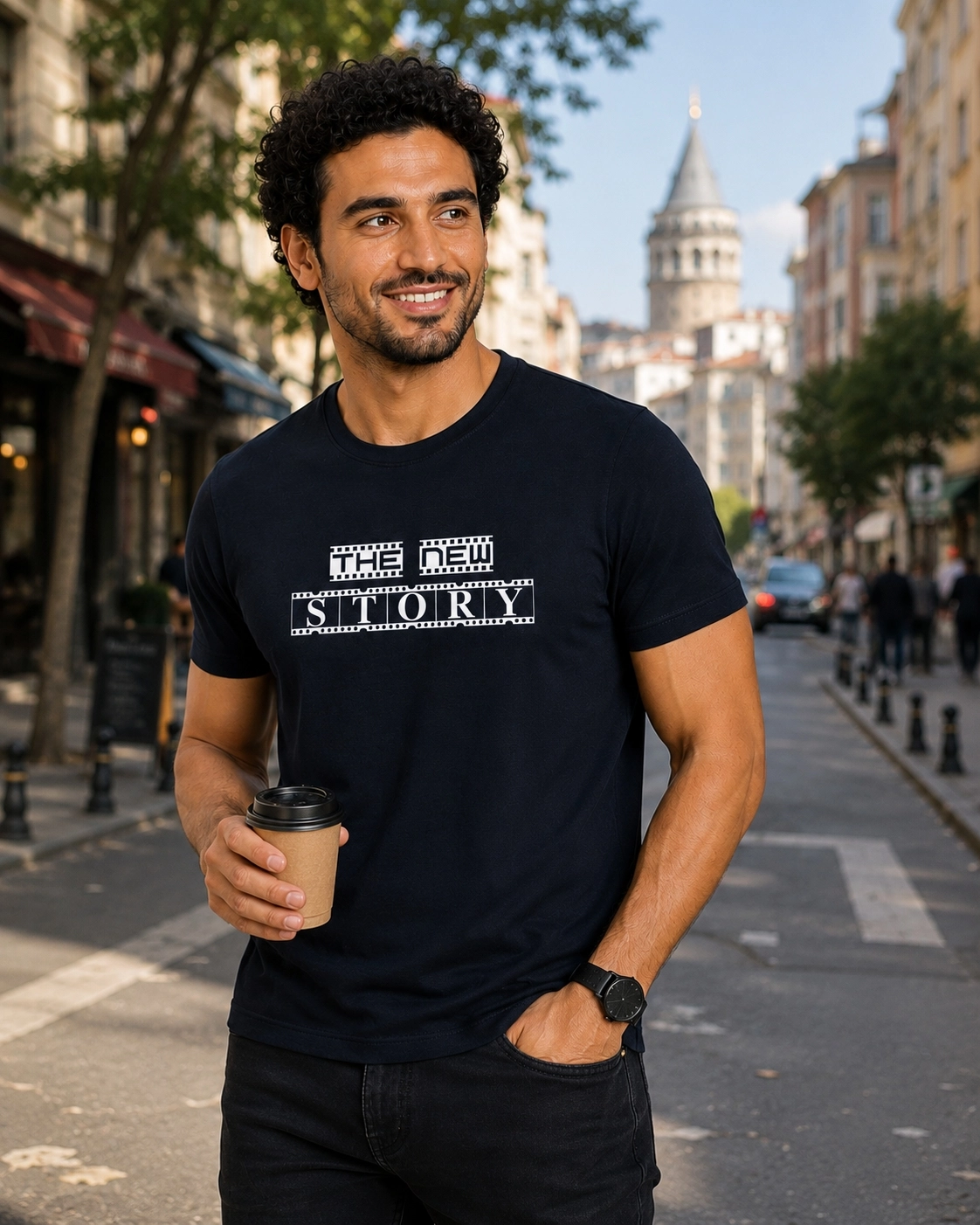 Etifa The New Story Premium Unisex Tişört %100 Pamuk Modern Lacivert Tişört
