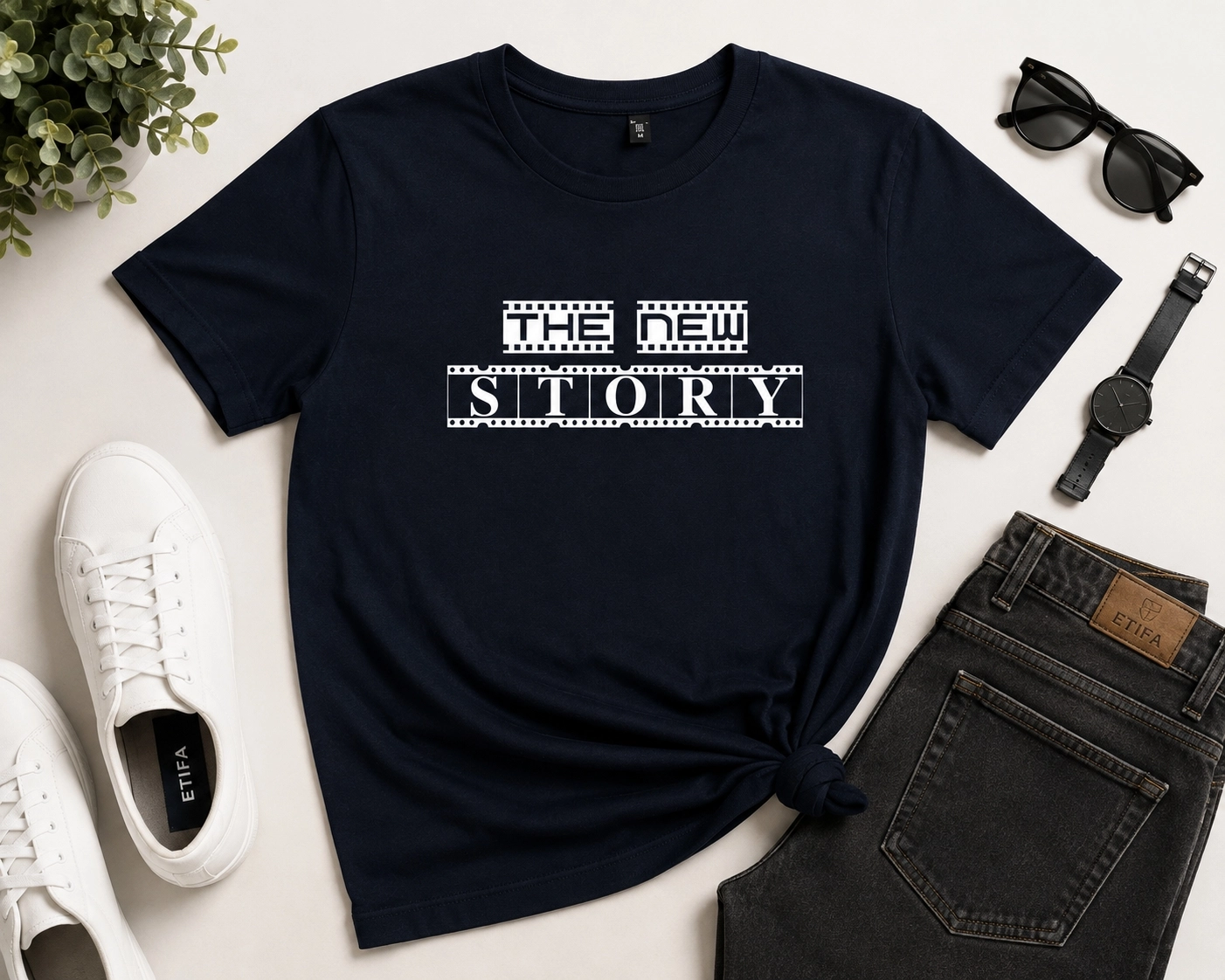 Etifa The New Story Premium Unisex Tişört %100 Pamuk Modern Lacivert Tişört