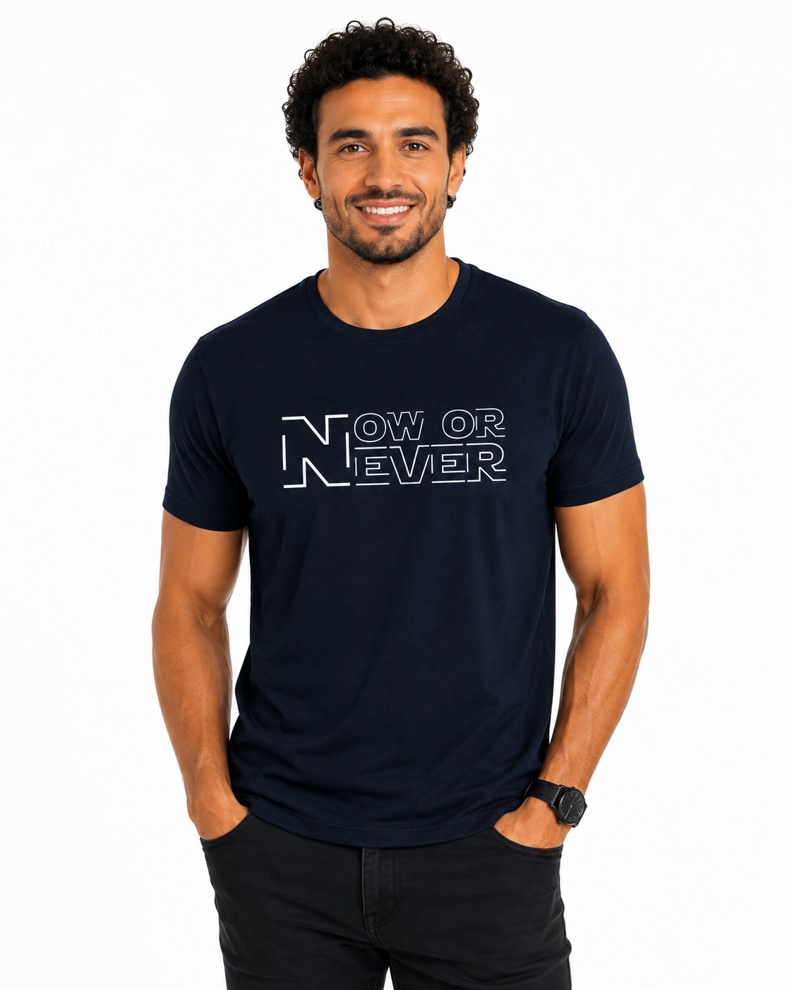 Etifa Now Or Never Premium Unisex Tişört %100 Pamuk Modern Lacivert Tişört
