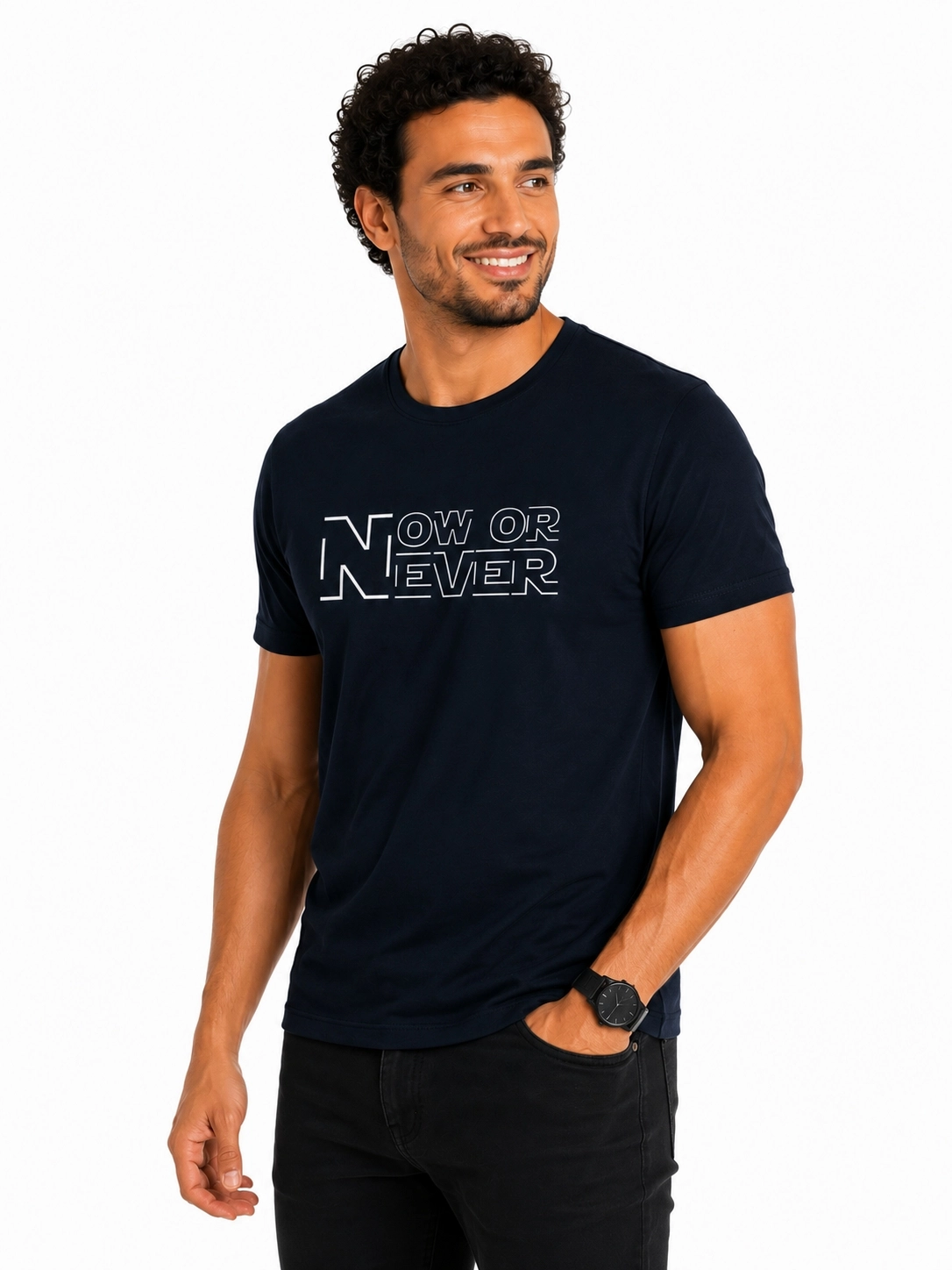 Etifa Now Or Never Premium Unisex Tişört %100 Pamuk Modern Lacivert Tişört