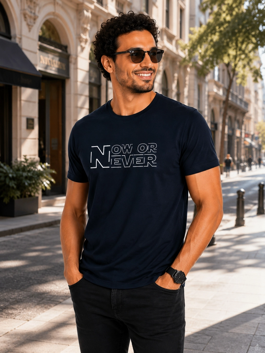Etifa Now Or Never Premium Unisex Tişört %100 Pamuk Modern Lacivert Tişört