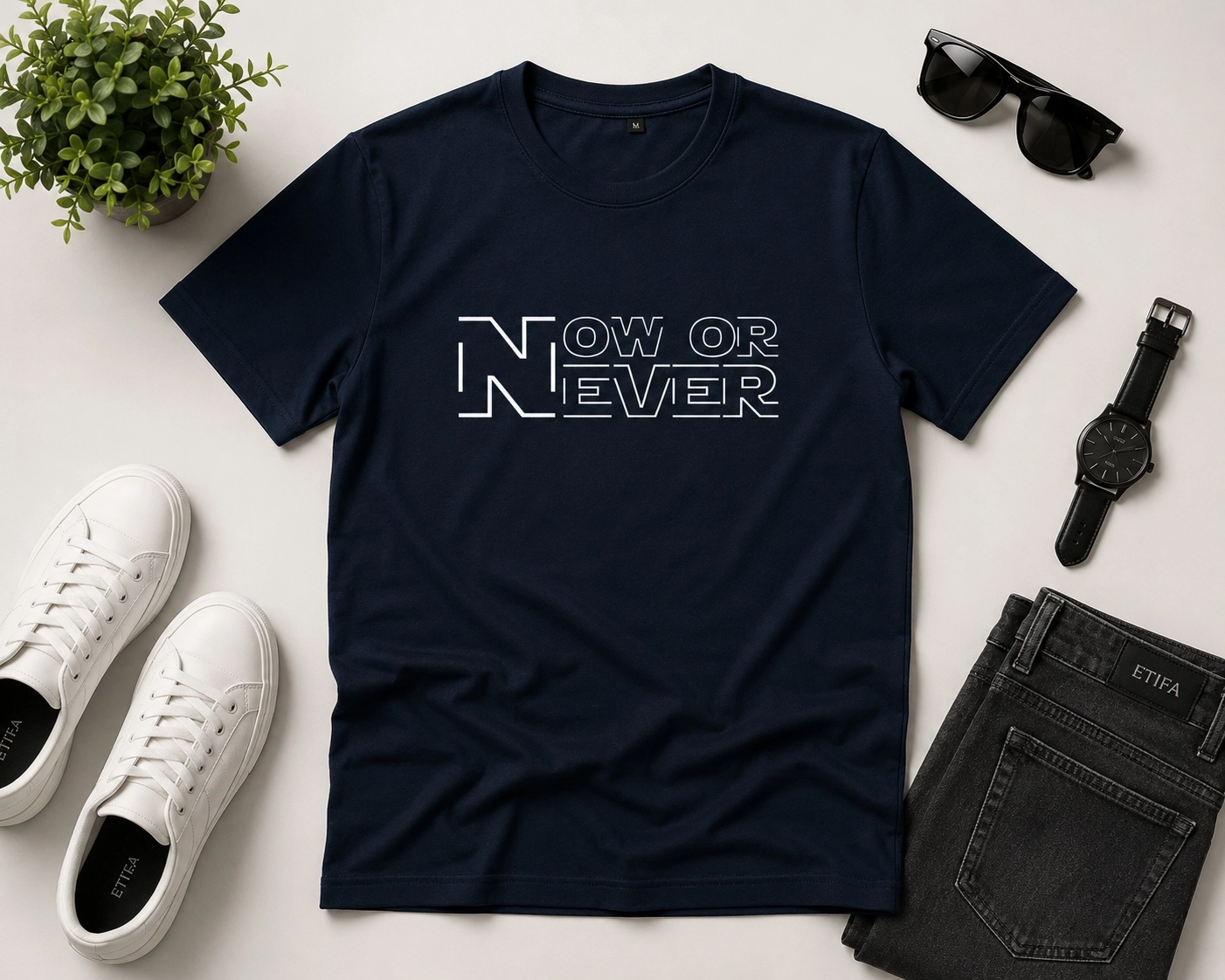 Etifa Now Or Never Premium Unisex Tişört %100 Pamuk Modern Lacivert Tişört
