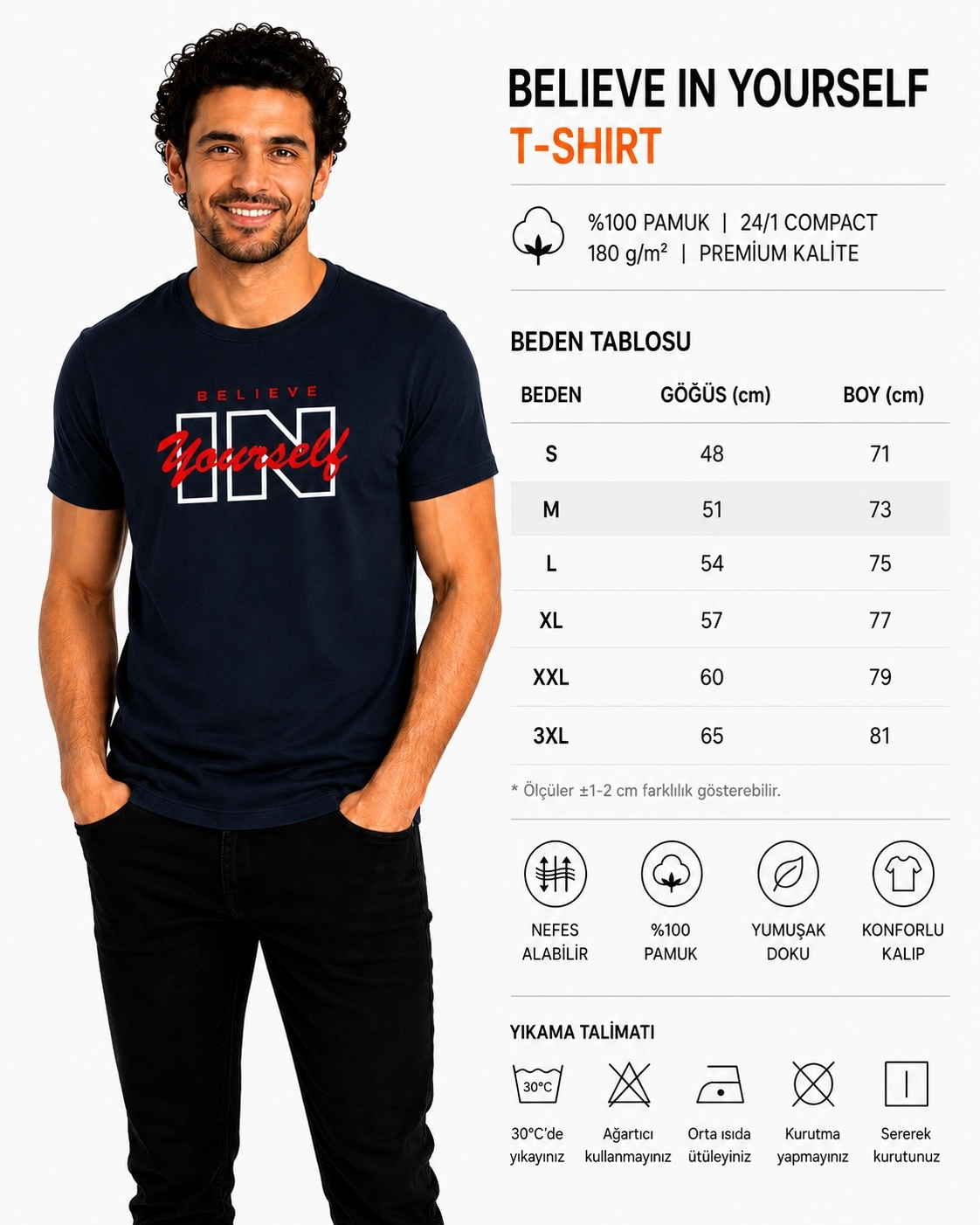 Etifa Believe In Yourself Premium Unisex Tişört %100 Pamuk Modern Lacivert Tişört
