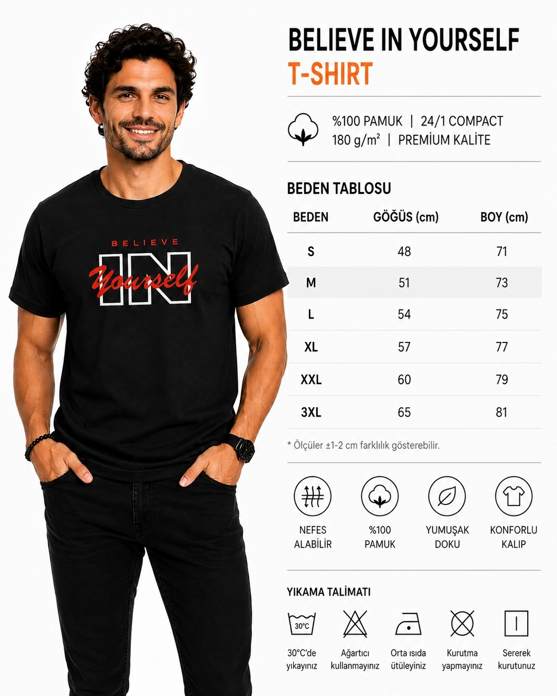 Etifa Believe In Yourself Premium Unisex Tişört %100 Pamuk Modern Siyah Tişört