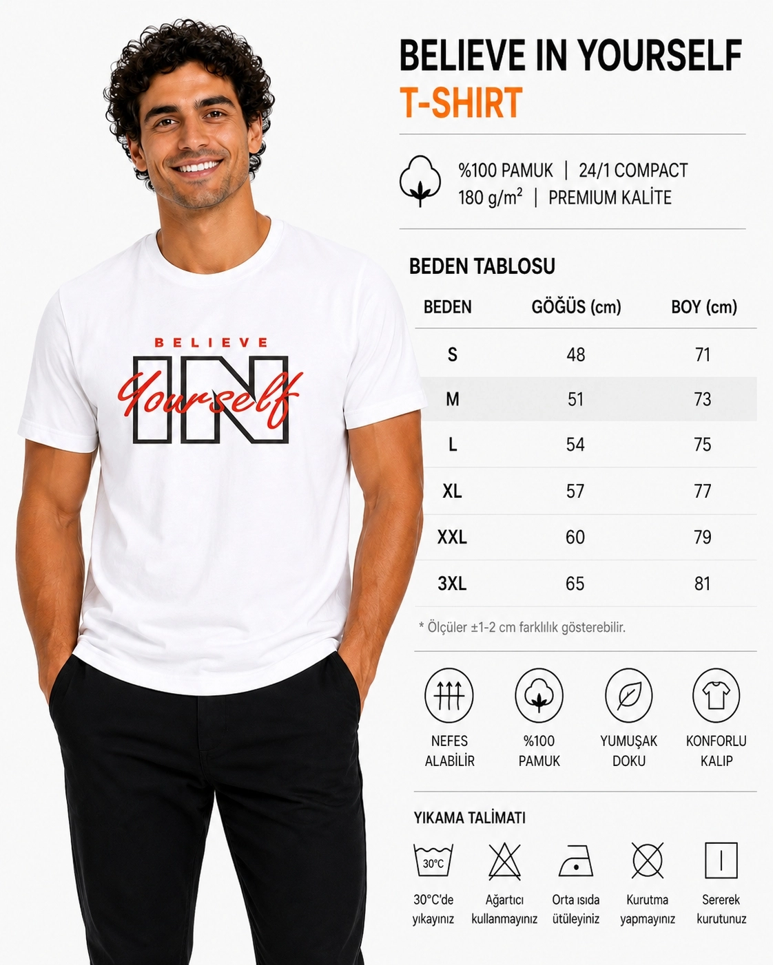Etifa Believe In Yourself Premium Unisex Tişört %100 Pamuk Modern Beyaz Tişört