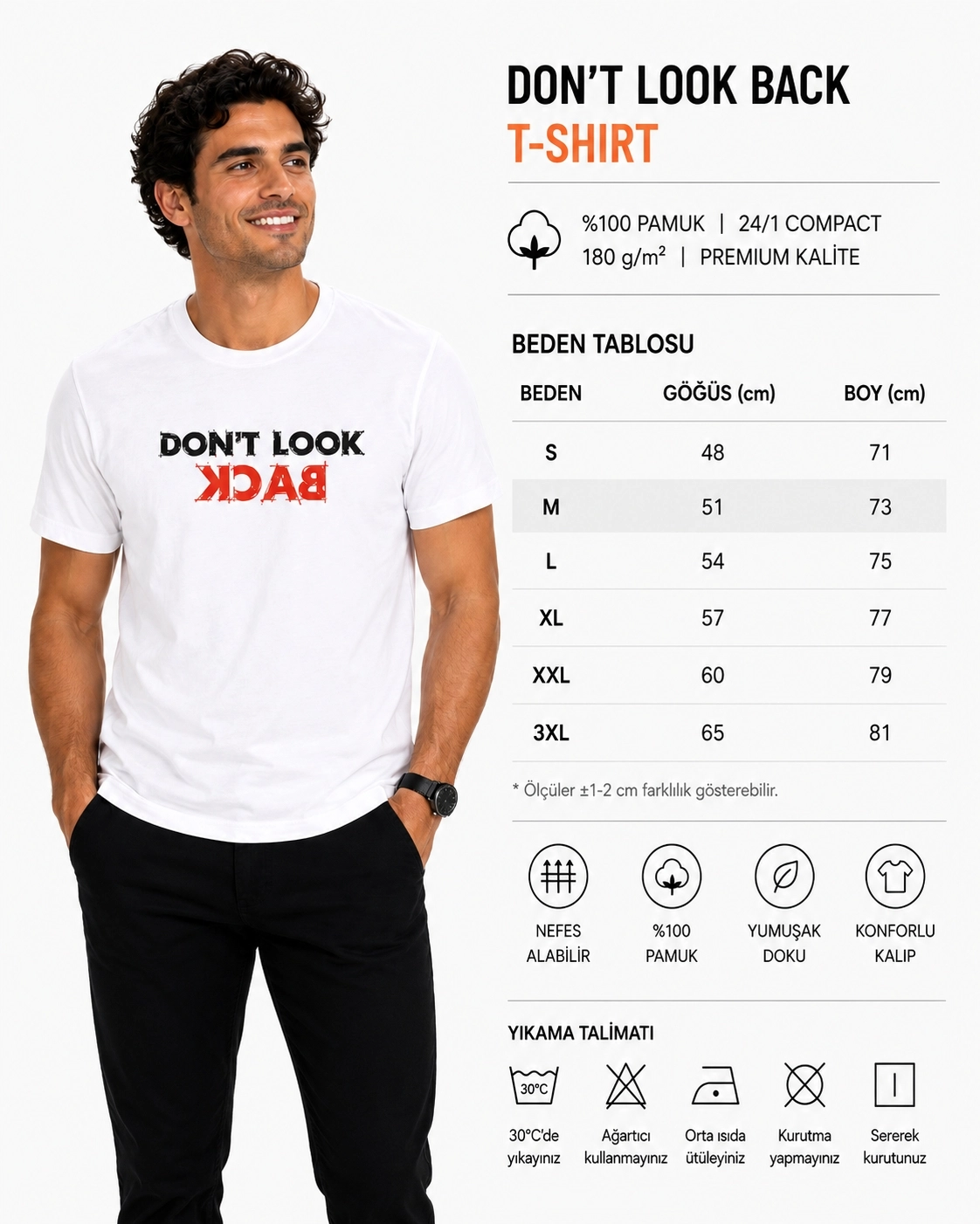 Etifa Don’t Look Back Premium Unisex Tişört %100 Pamuk Modern Beyaz Tişört