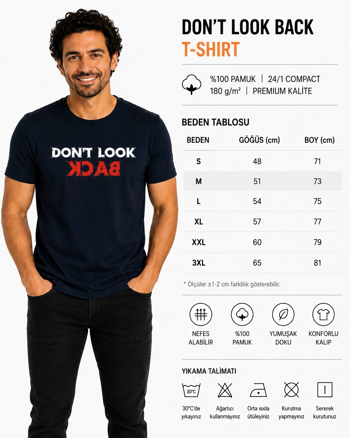 Etifa Don’t Look Back Premium Unisex Tişört %100 Pamuk Modern Lacivert Tişört