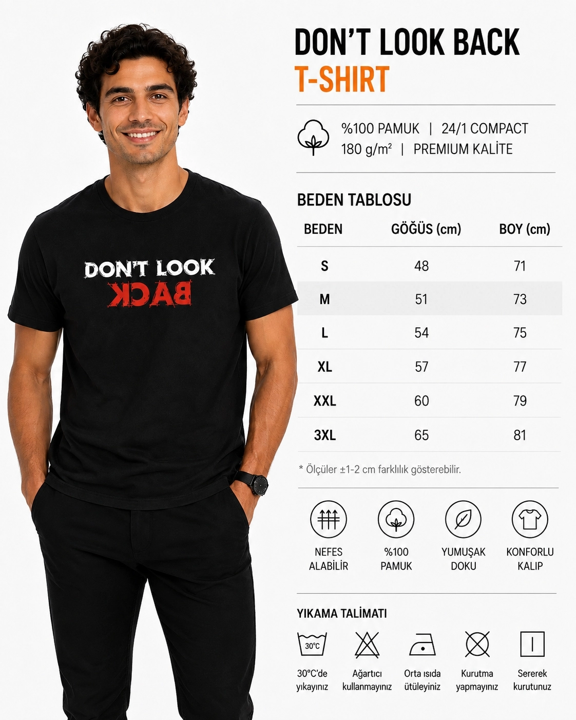 Etifa Don’t Look Back Premium Unisex Tişört %100 Pamuk Modern Siyah Tişört