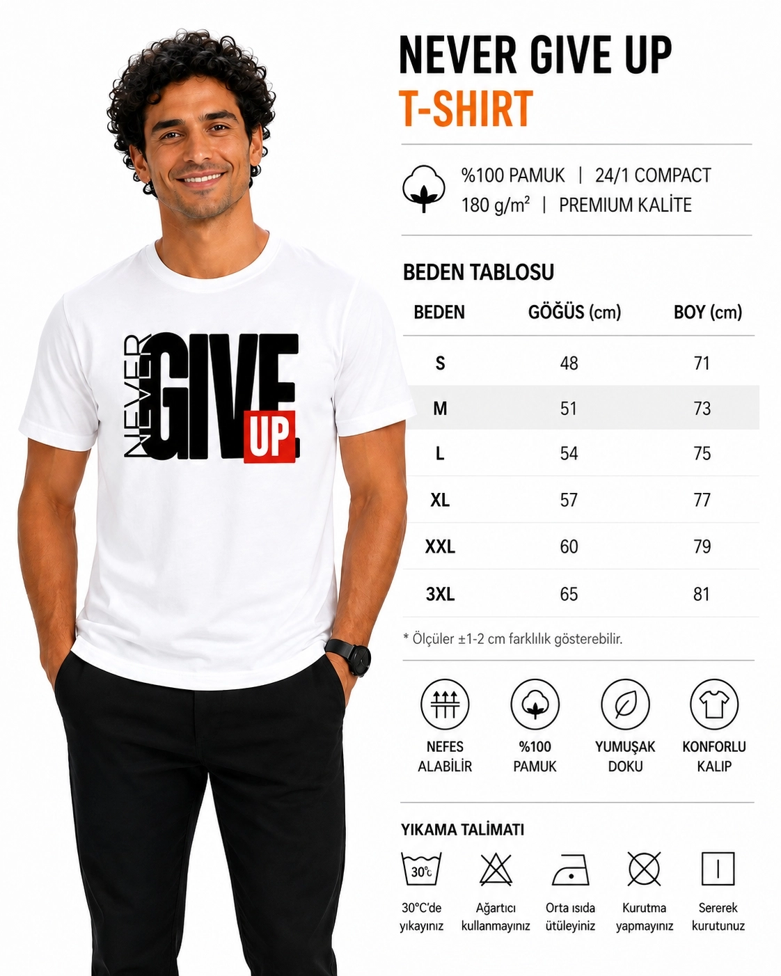 Etifa Never Give Up Premium Unisex Tişört %100 Pamuk Modern Beyaz Tişört