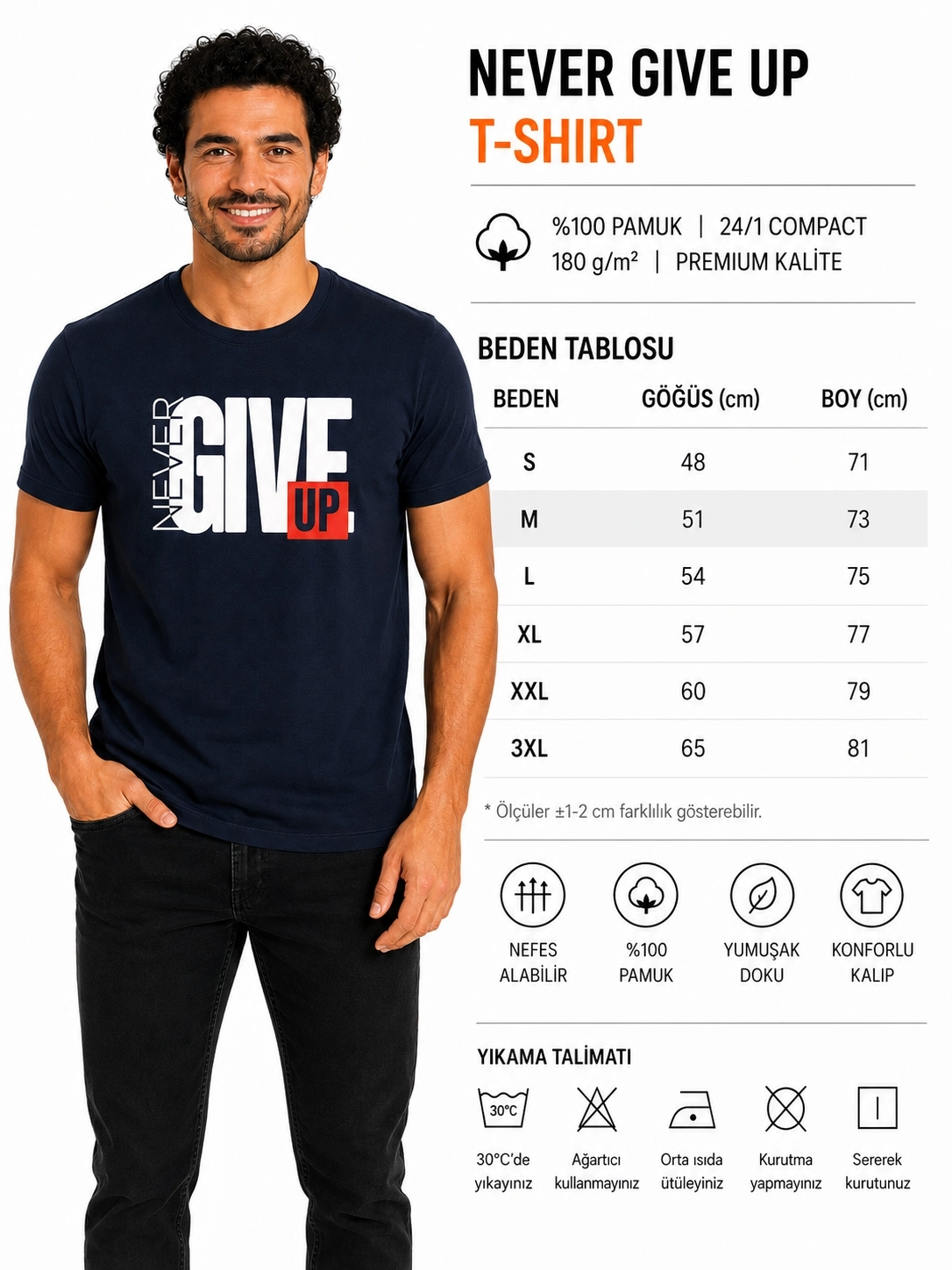 Etifa Never Give Up Premium Unisex Tişört %100 Pamuk Modern Lacivert Tişört
