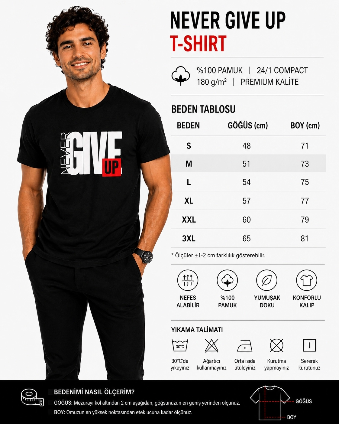 Etifa Never Give Up Premium Unisex Tişört %100 Pamuk Modern Siyah Tişört