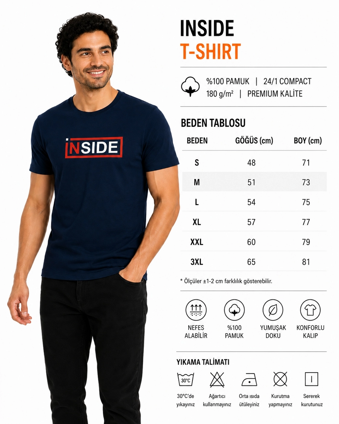 Etifa Inside Premium Unisex Tişört %100 Pamuk Modern Lacivert Tişört