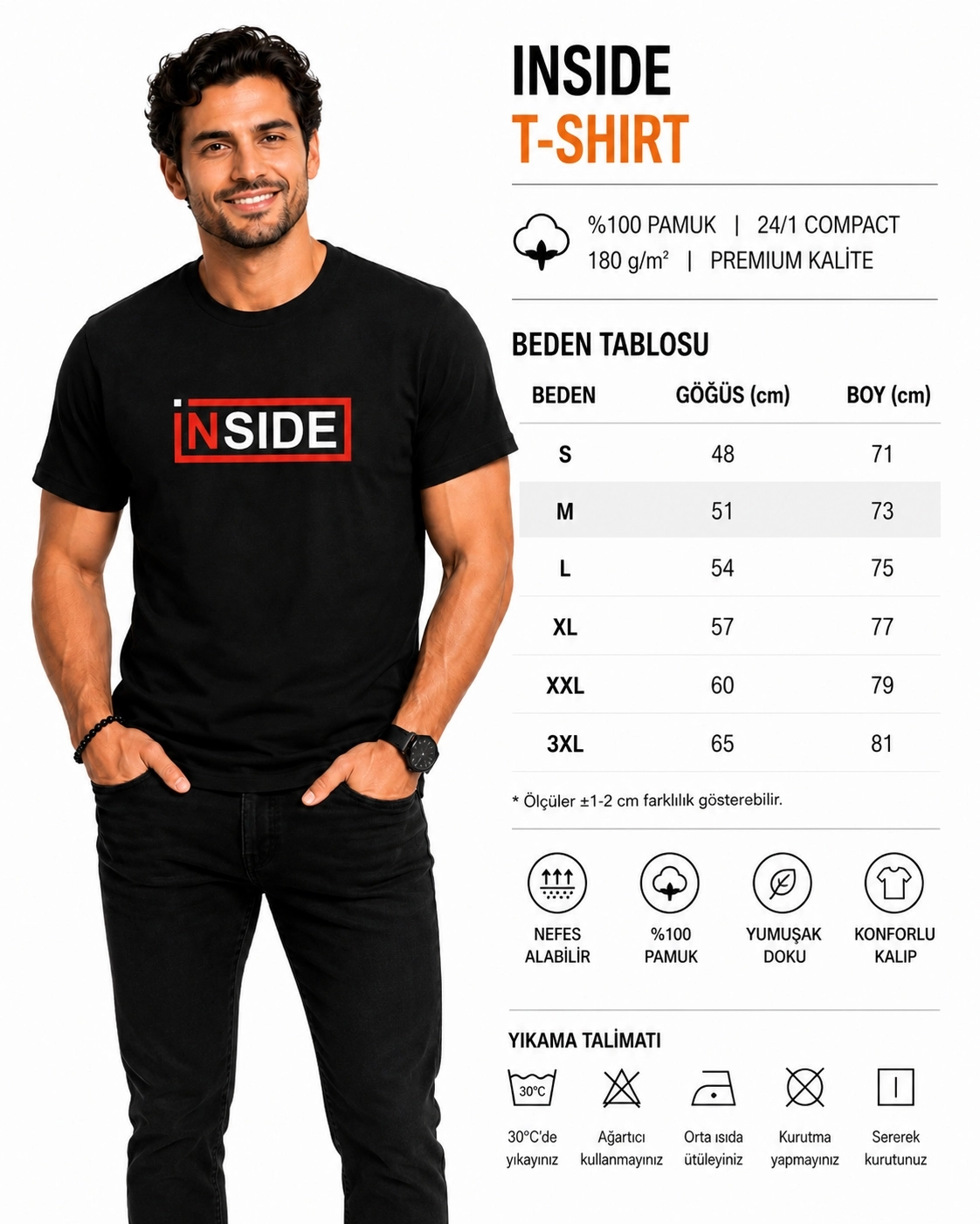 Etifa Inside Premium Unisex Tişört %100 Pamuk Modern Siyah Tişört
