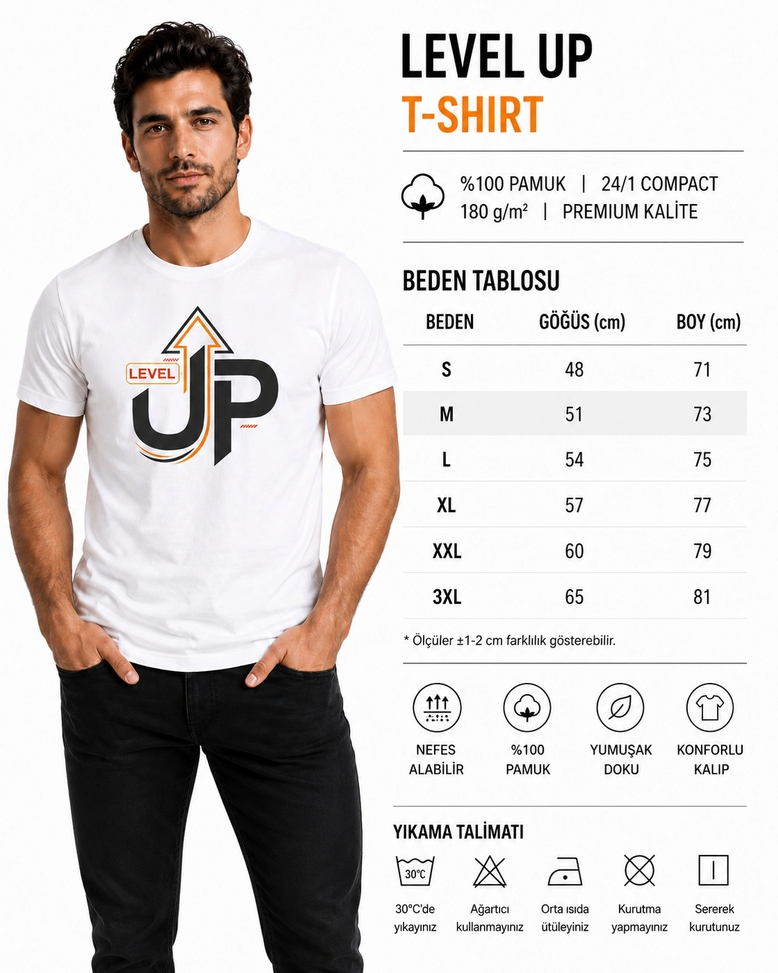 Etifa Level Up Premium Unisex Tişört %100 Pamuk Modern Beyaz Tişört