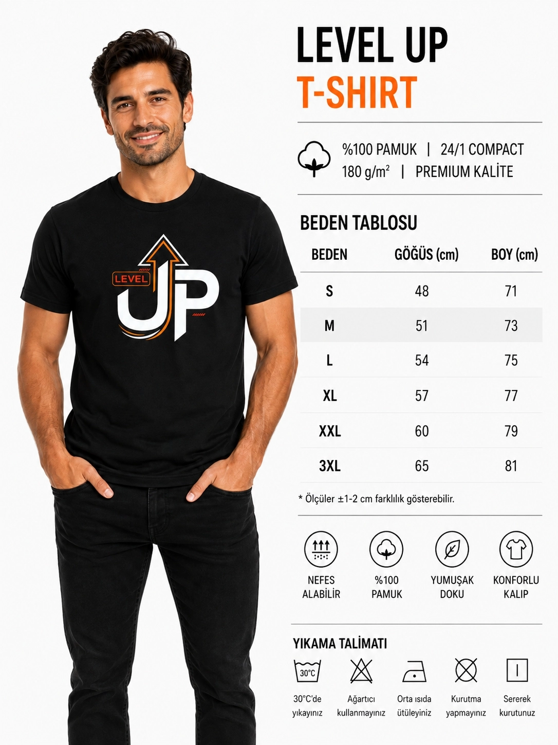 Etifa Level Up Premium Unisex Tişört %100 Pamuk Modern Siyah Tişört