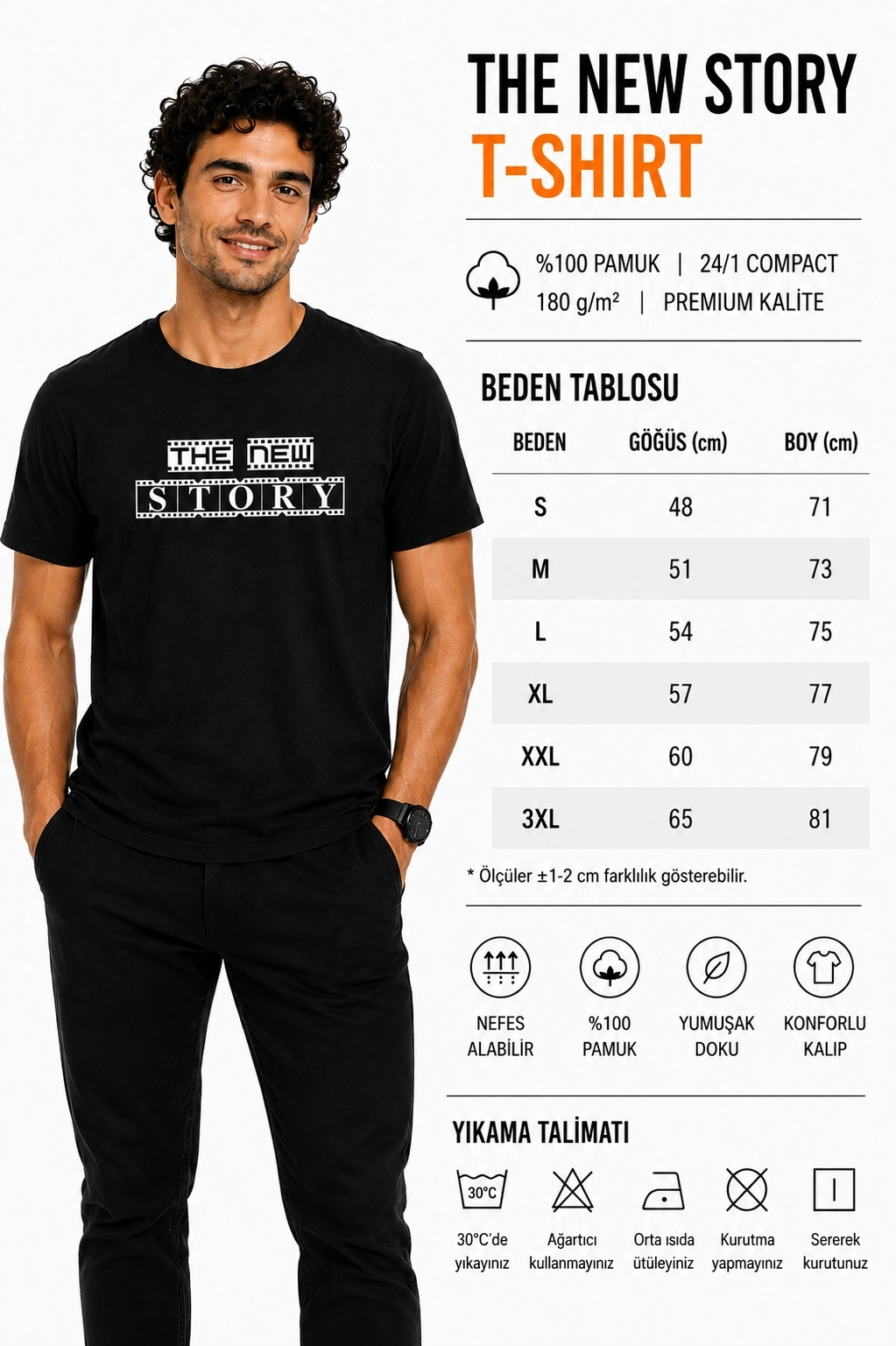 Etifa The New Story Premium Unisex Tişört %100 Pamuk Modern Siyah Tişört