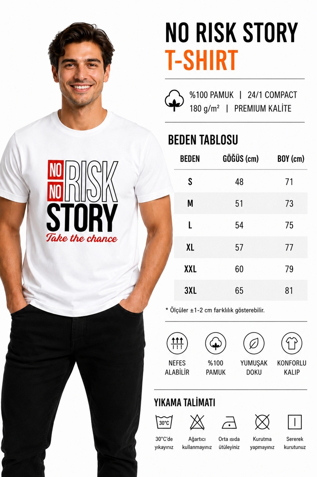 Etifa No Risk No Story Premium Unisex Tişört %100 Pamuk Modern Beyaz Tişört