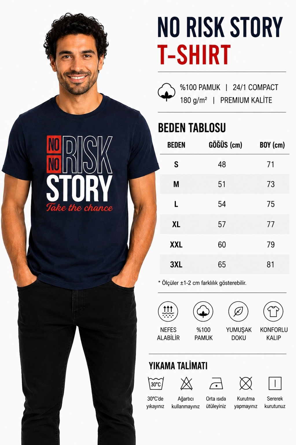 Etifa No Risk No Story Premium Unisex Tişört %100 Pamuk Modern Lacivert Tişört