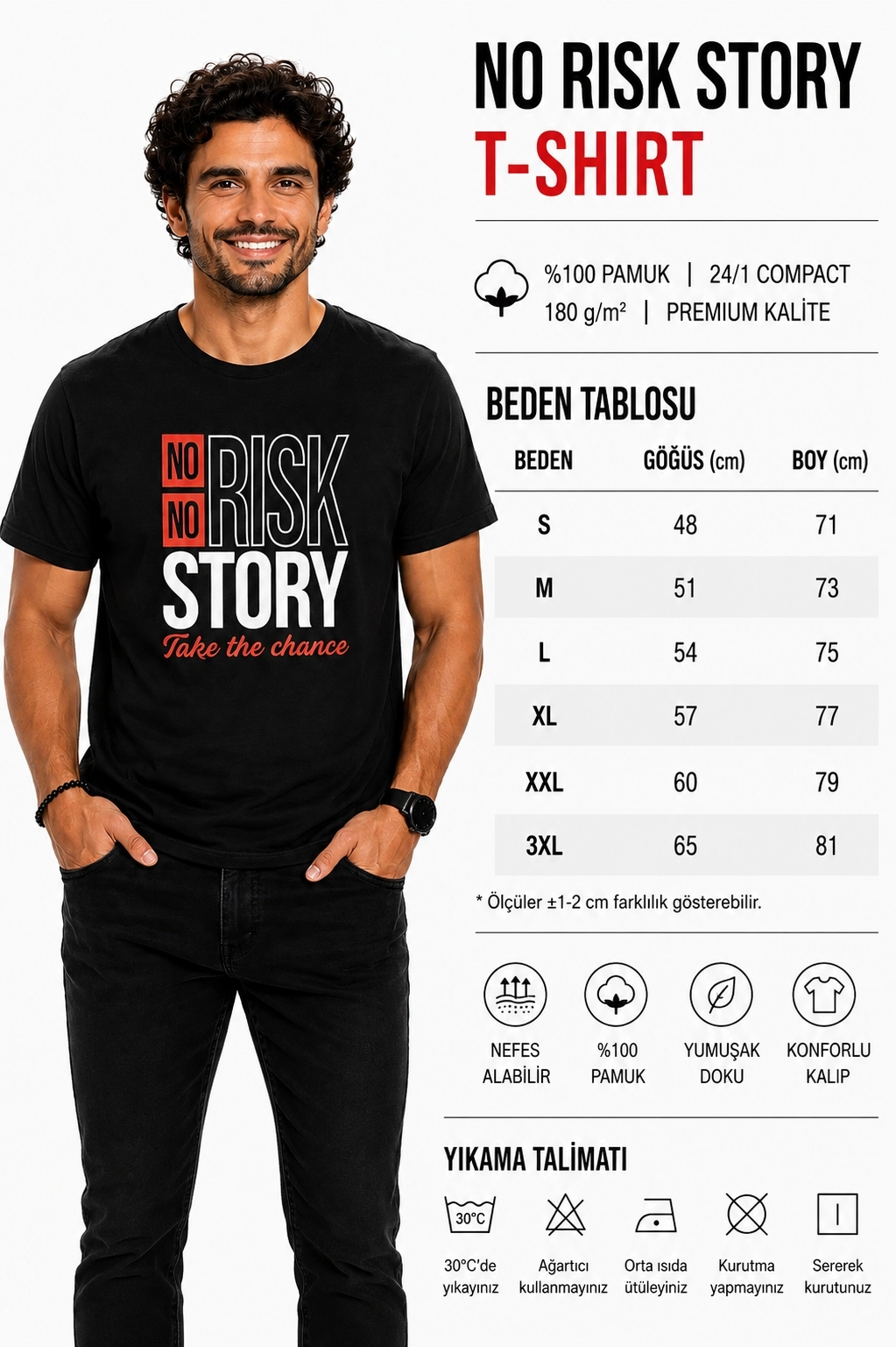 Etifa No Risk No Story Premium Unisex Tişört %100 Pamuk Modern Siyah Tişört