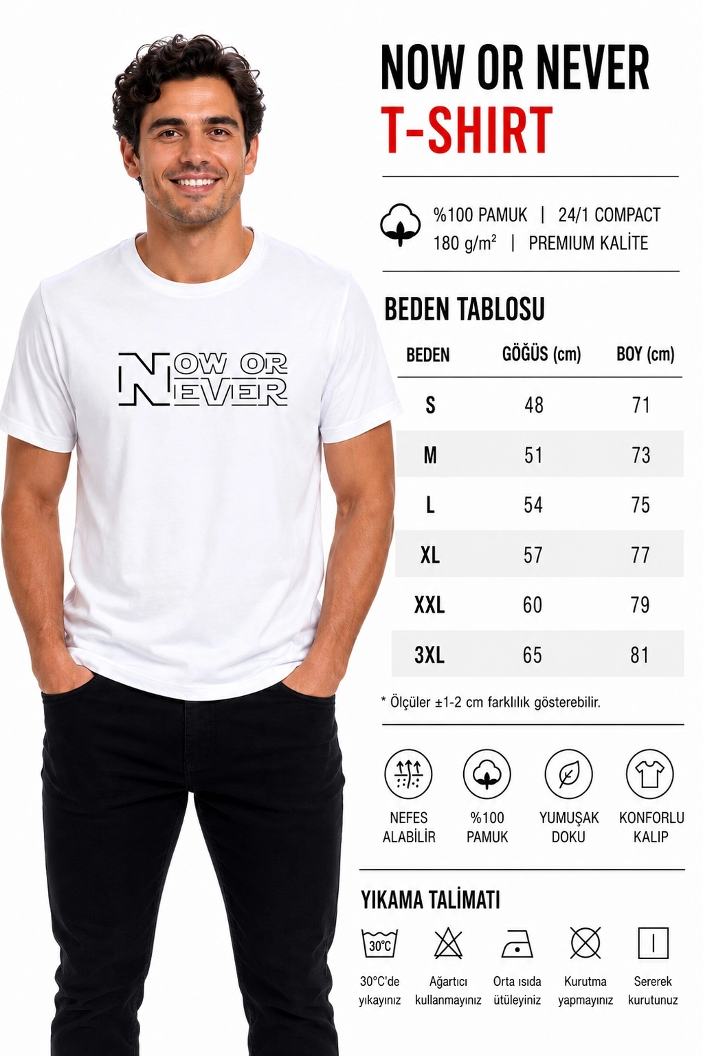 Etifa Now Or Never Premium Unisex Tişört %100 Pamuk Modern Beyaz Tişört