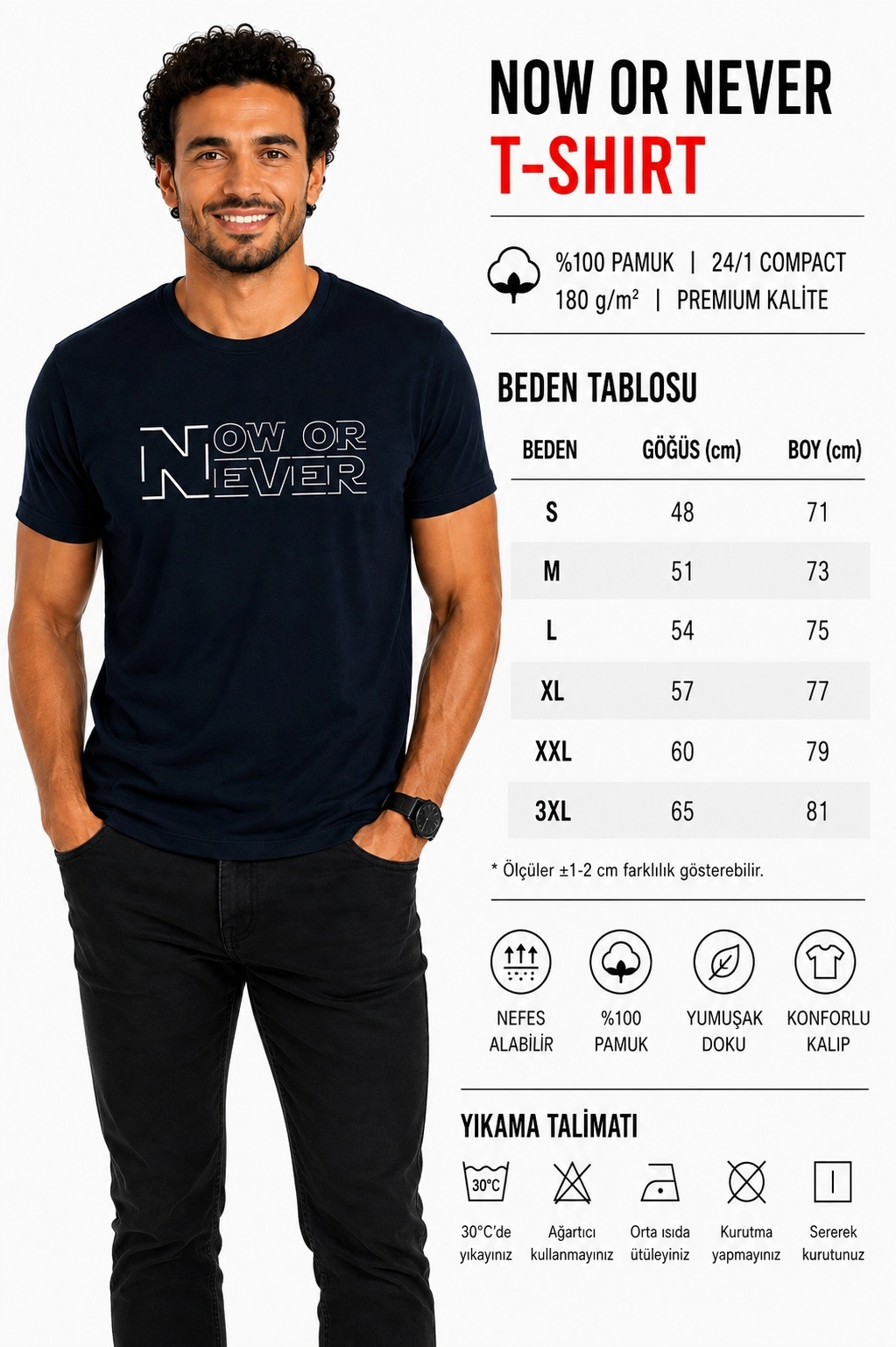 Etifa Now Or Never Premium Unisex Tişört %100 Pamuk Modern Lacivert Tişört