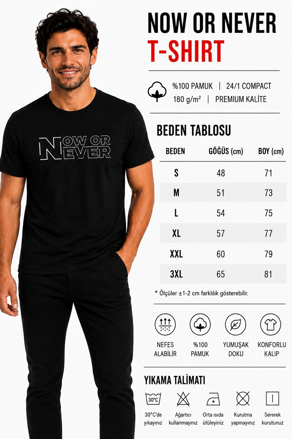 Etifa Now Or Never Premium Unisex Tişört %100 Pamuk Modern Siyah Tişört