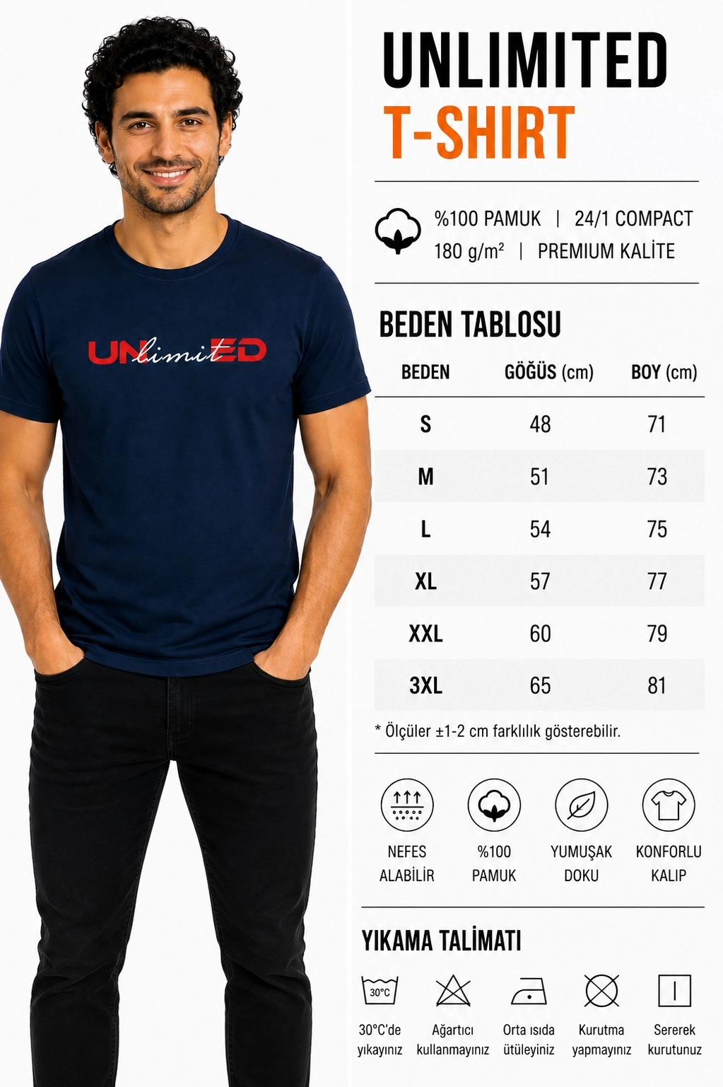 Etifa Unlimited Premium Unisex Tişört %100 Pamuk Modern Lacivert Tişört