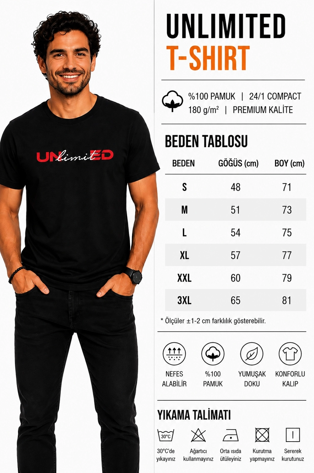 Etifa Unlimited Premium Unisex Tişört %100 Pamuk Modern Siyah Tişört