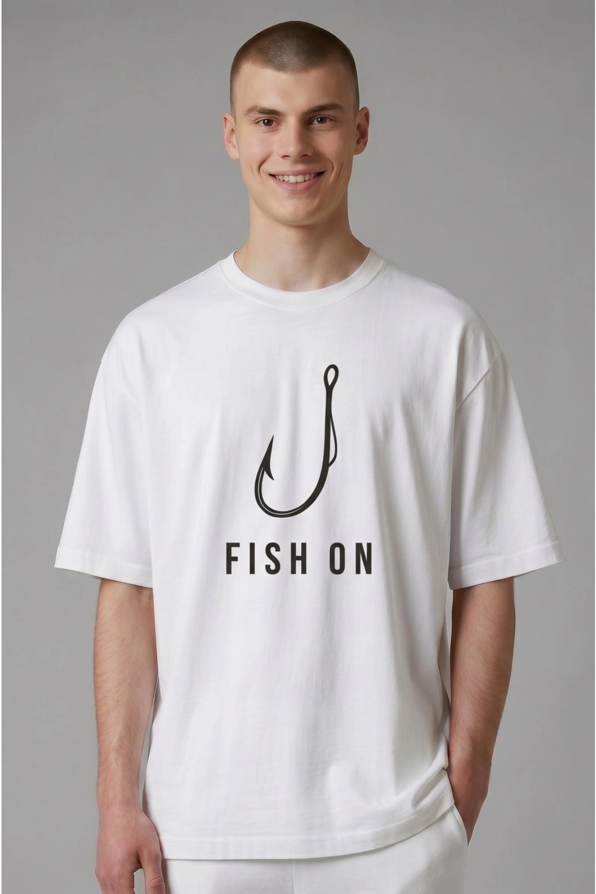 Etifa Oversize Balıkçı Tişörtü Fish On %100 Pamuk Premium Beyaz Unisex