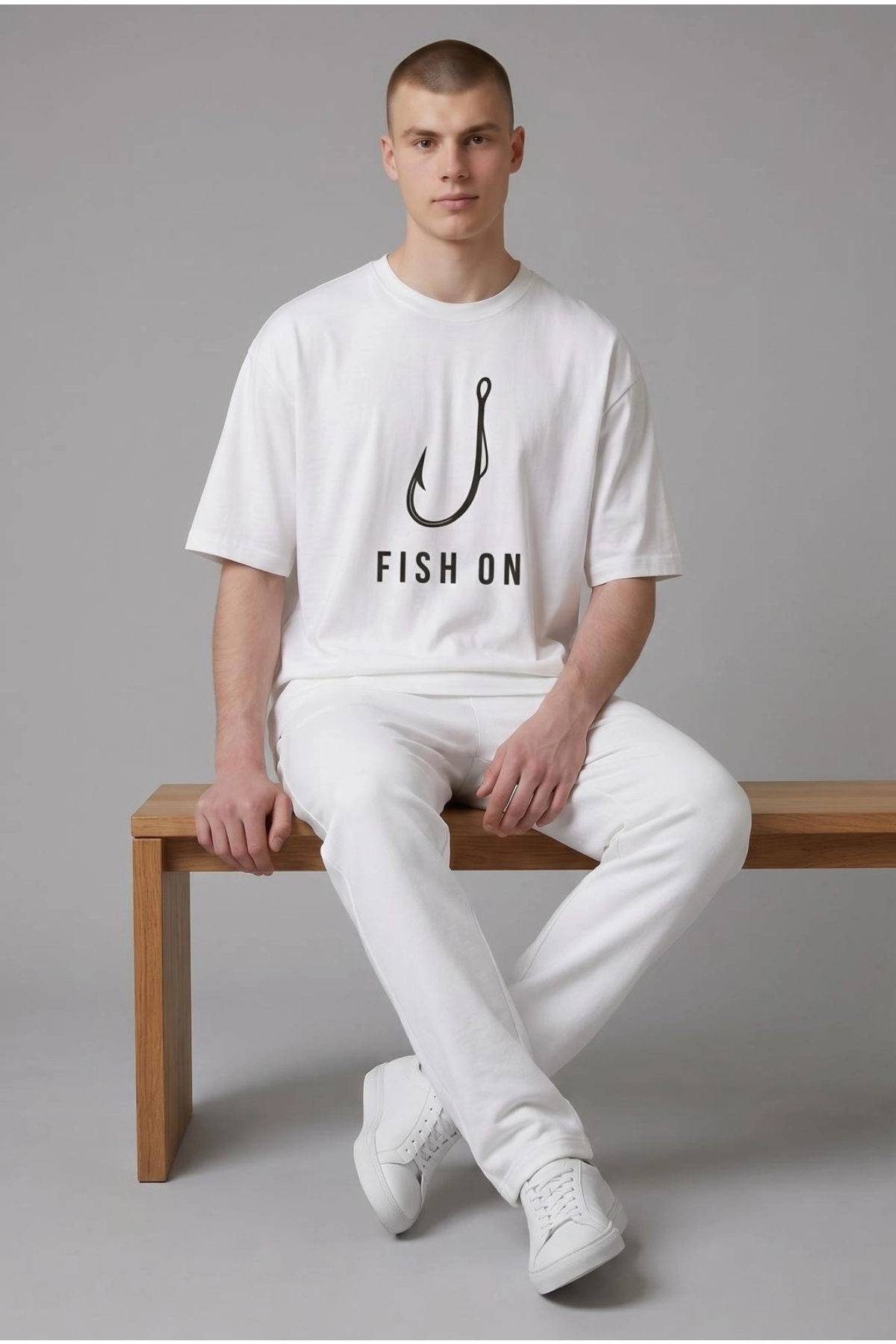 Etifa Oversize Balıkçı Tişörtü Fish On %100 Pamuk Premium Beyaz Unisex
