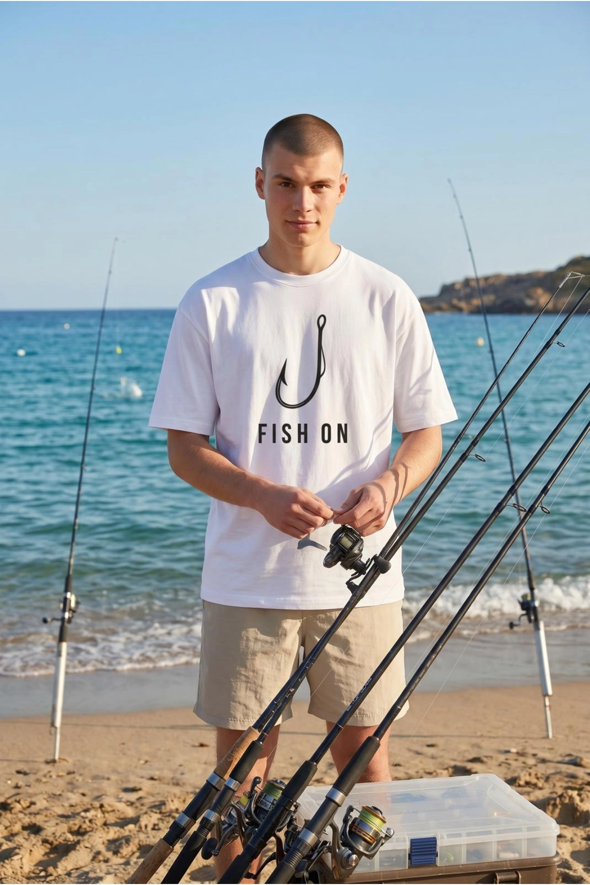 Etifa Oversize Balıkçı Tişörtü Fish On %100 Pamuk Premium Beyaz Unisex