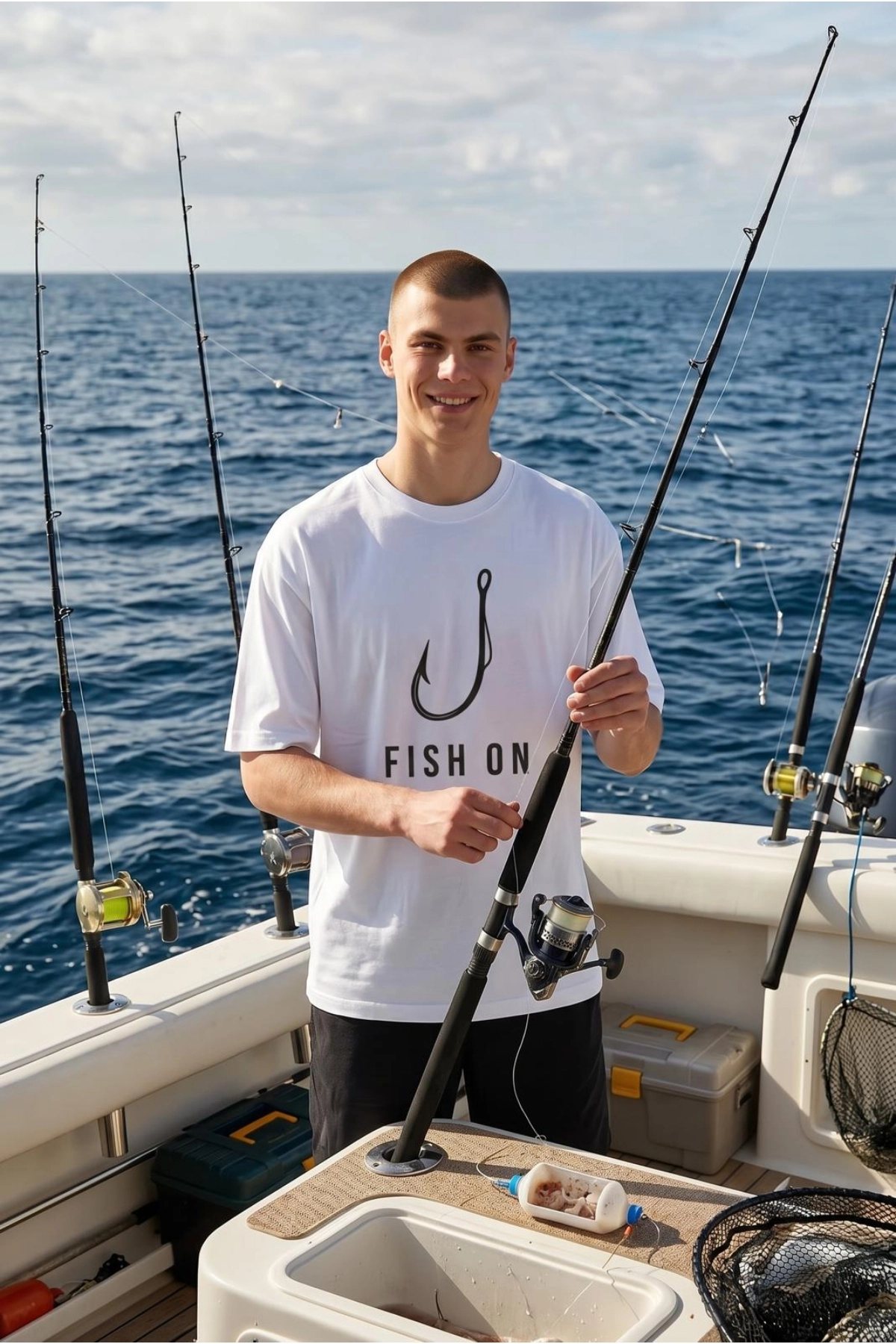 Etifa Oversize Balıkçı Tişörtü Fish On %100 Pamuk Premium Beyaz Unisex