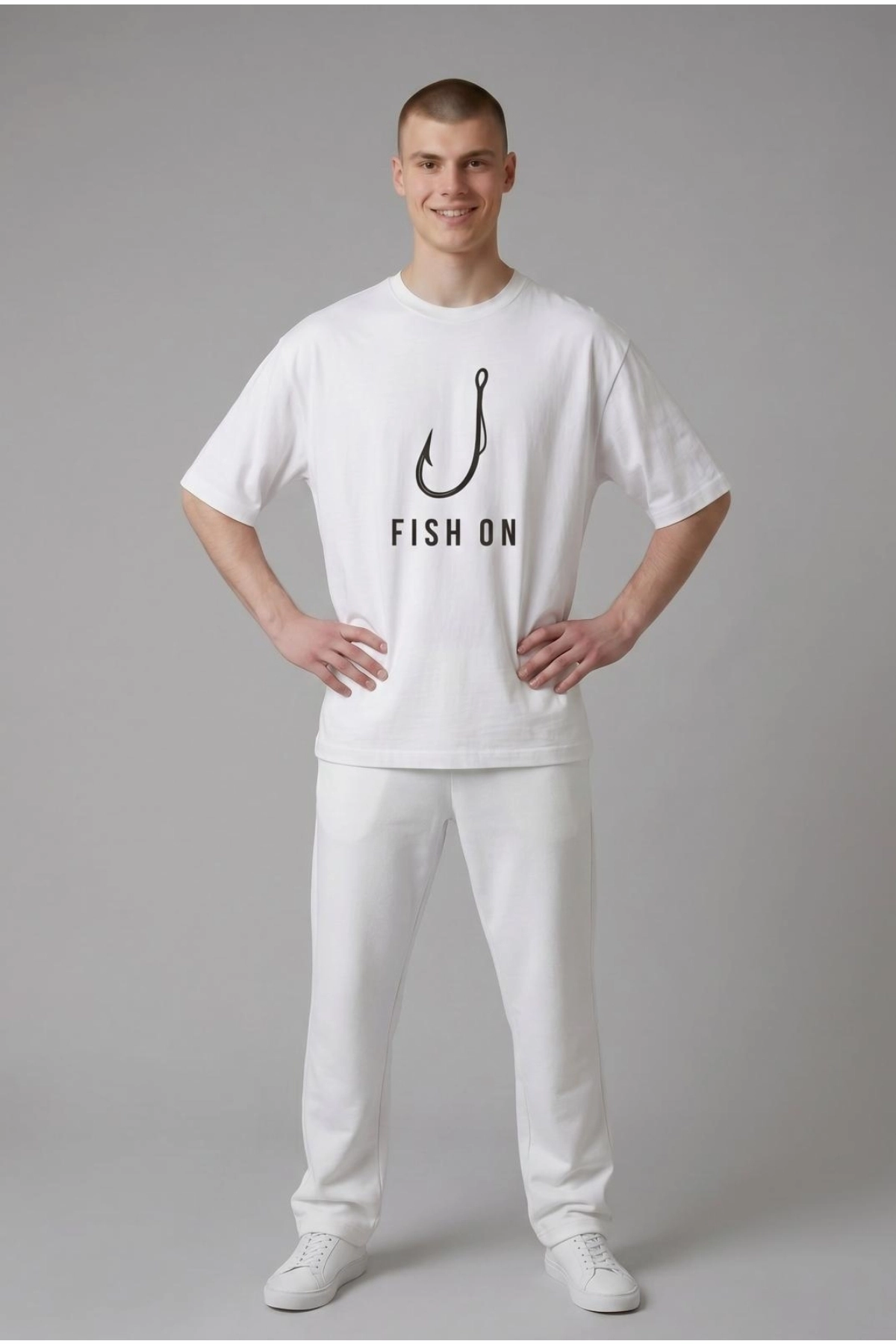 Etifa Oversize Balıkçı Tişörtü Fish On %100 Pamuk Premium Beyaz Unisex