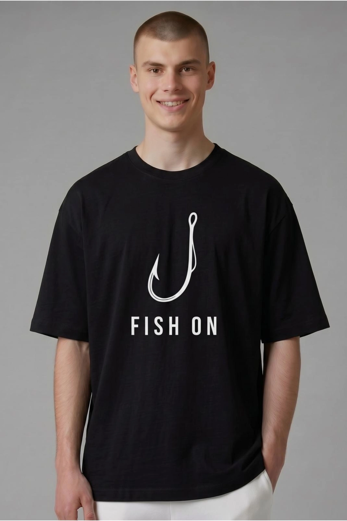 Etifa Oversize Balıkçı Tişörtü Fish On %100 Pamuk Premium Siyah Unisex