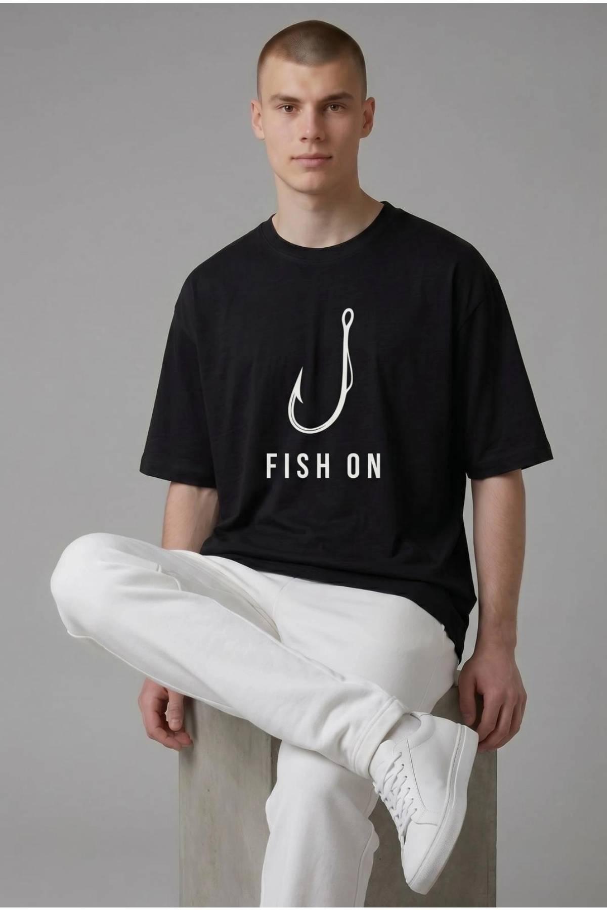 Etifa Oversize Balıkçı Tişörtü Fish On %100 Pamuk Premium Siyah Unisex