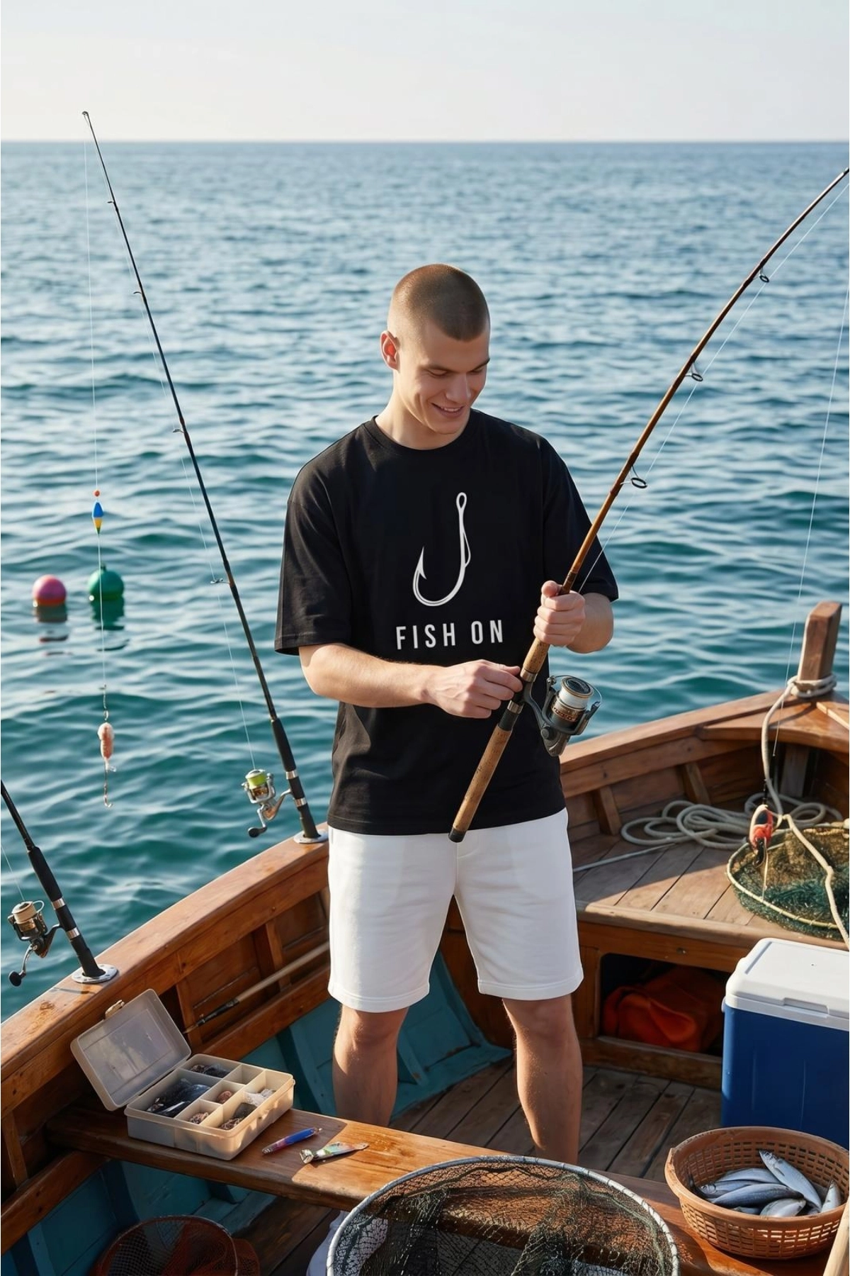 Etifa Oversize Balıkçı Tişörtü Fish On %100 Pamuk Premium Siyah Unisex