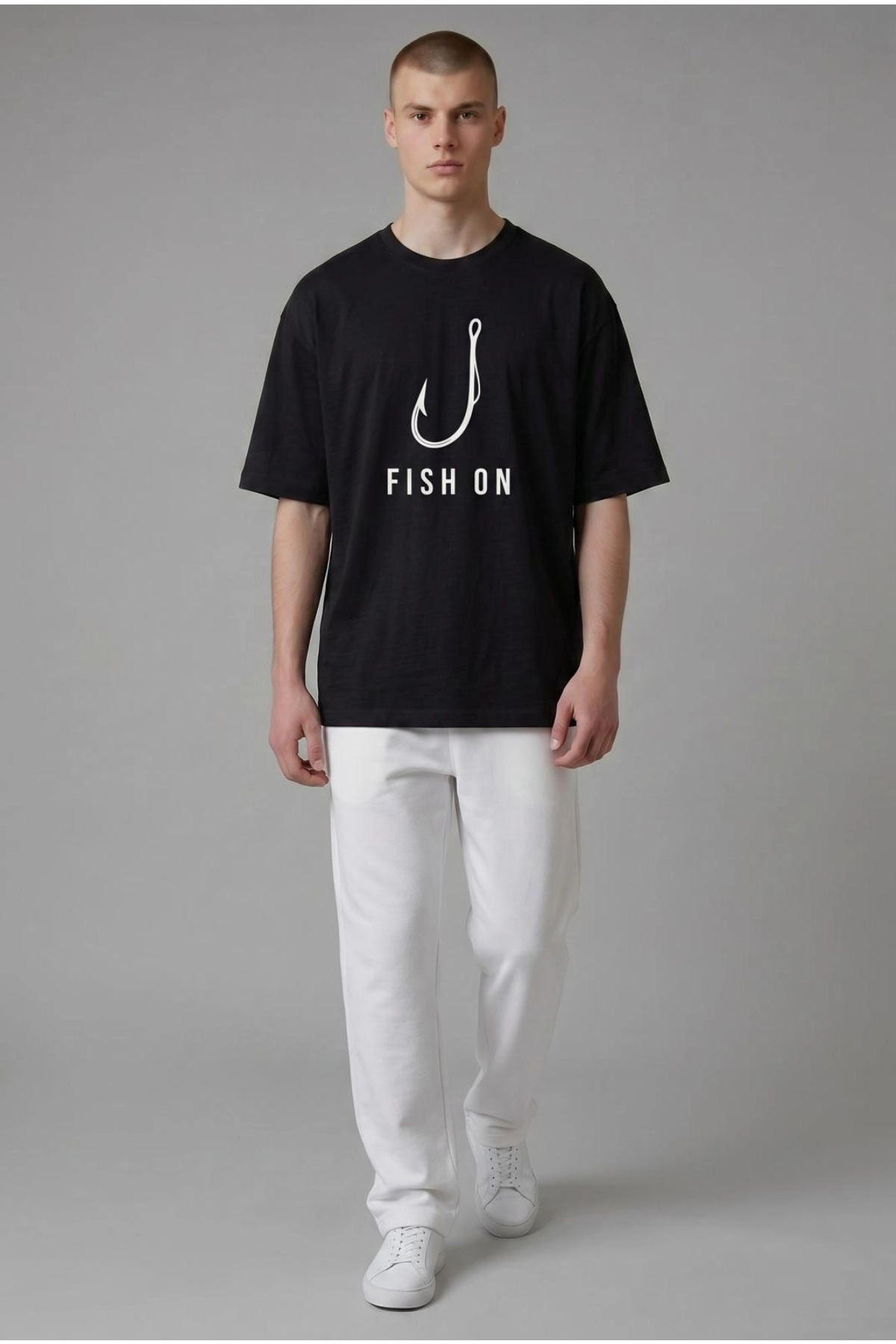 Etifa Oversize Balıkçı Tişörtü Fish On %100 Pamuk Premium Siyah Unisex