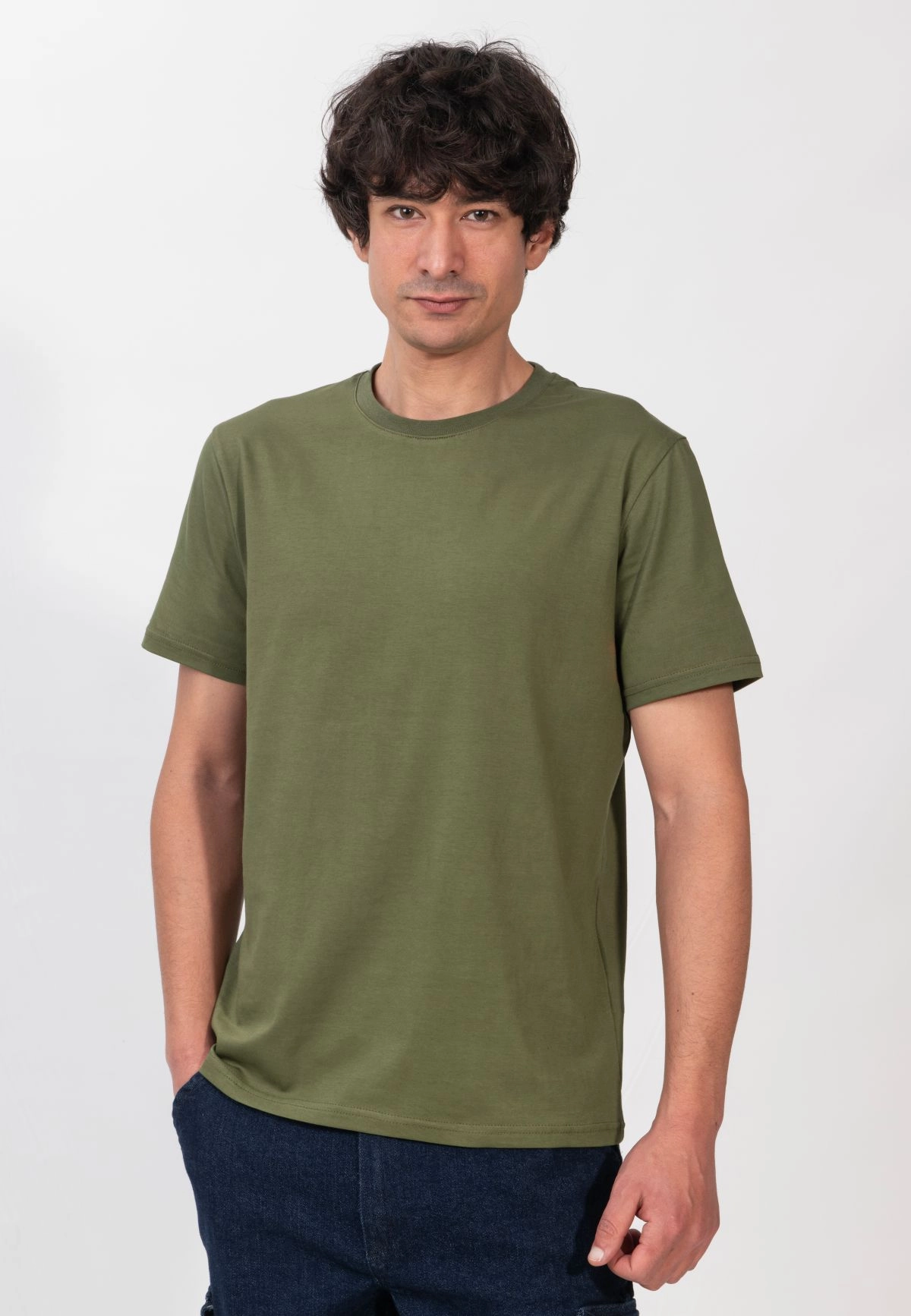 %100 Pamuk Basic Tişört Rahat Kalıp Unisex Günlük Spor T-Shirt Haki Yeşil